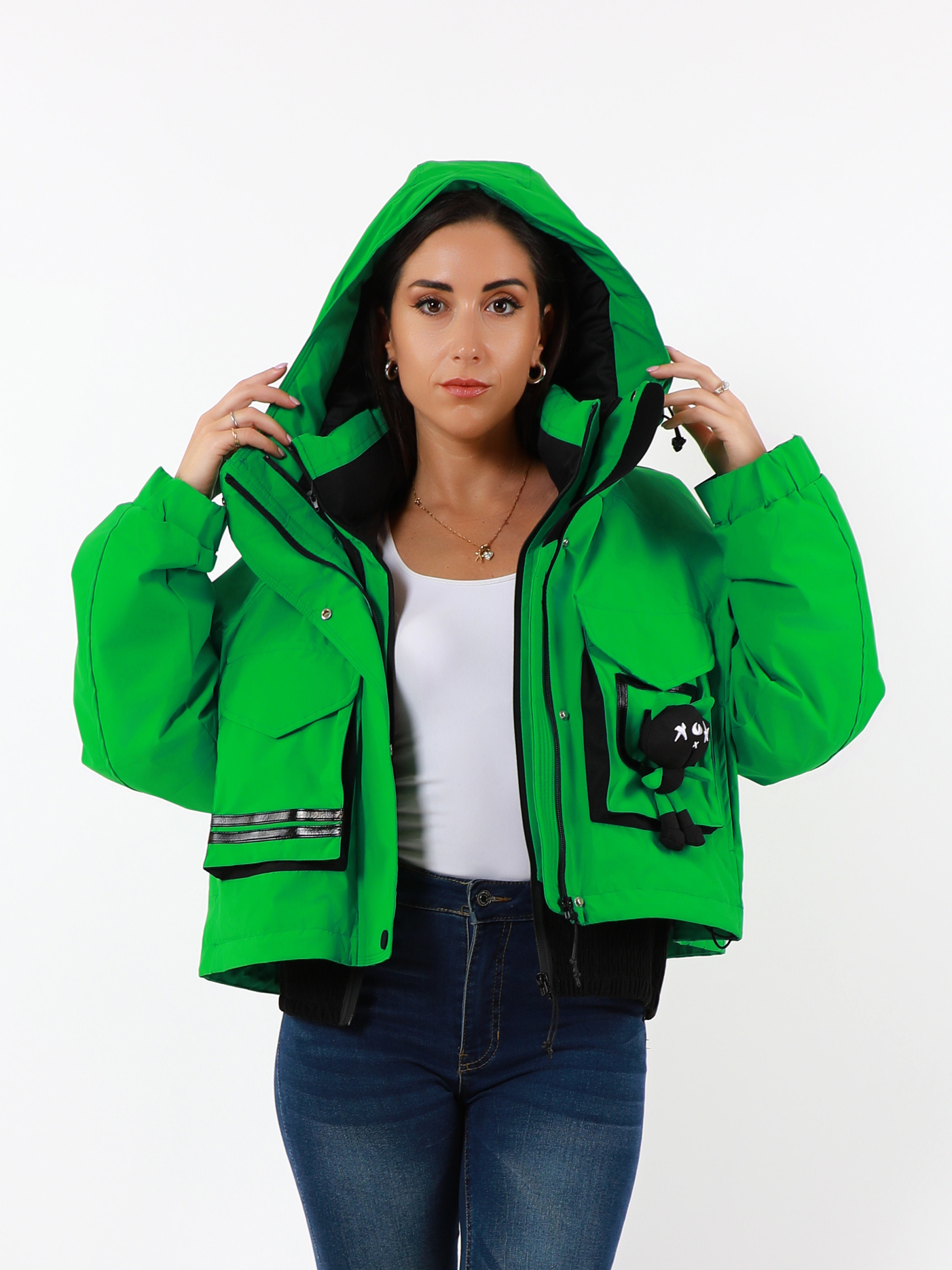 Wholesaler TDI FASHION - Bright green women's cropped jacket with hood – modern utility style