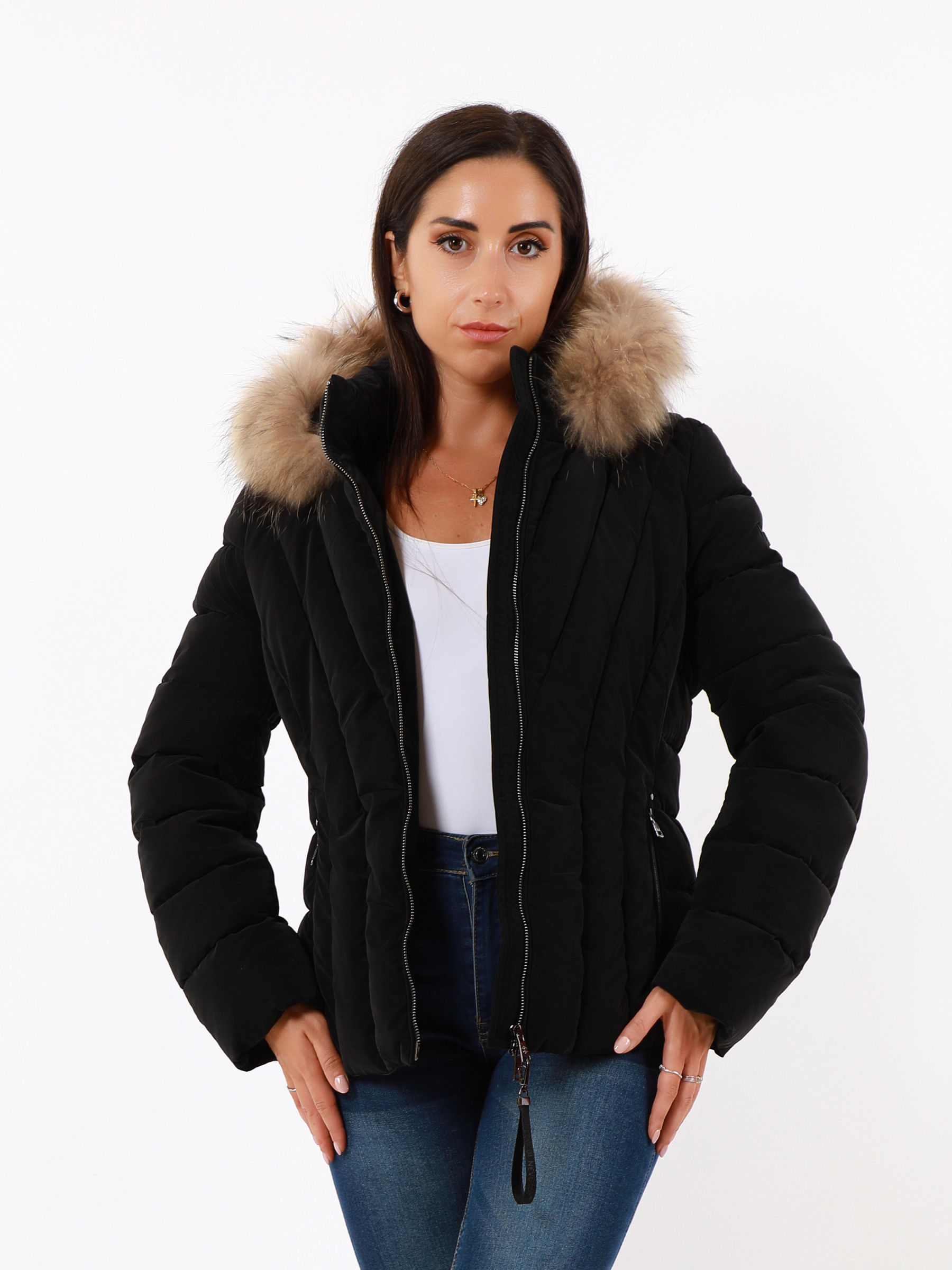 Wholesaler TDI FASHION - Women's short black down jacket with fur hood – elegant slim winter coat