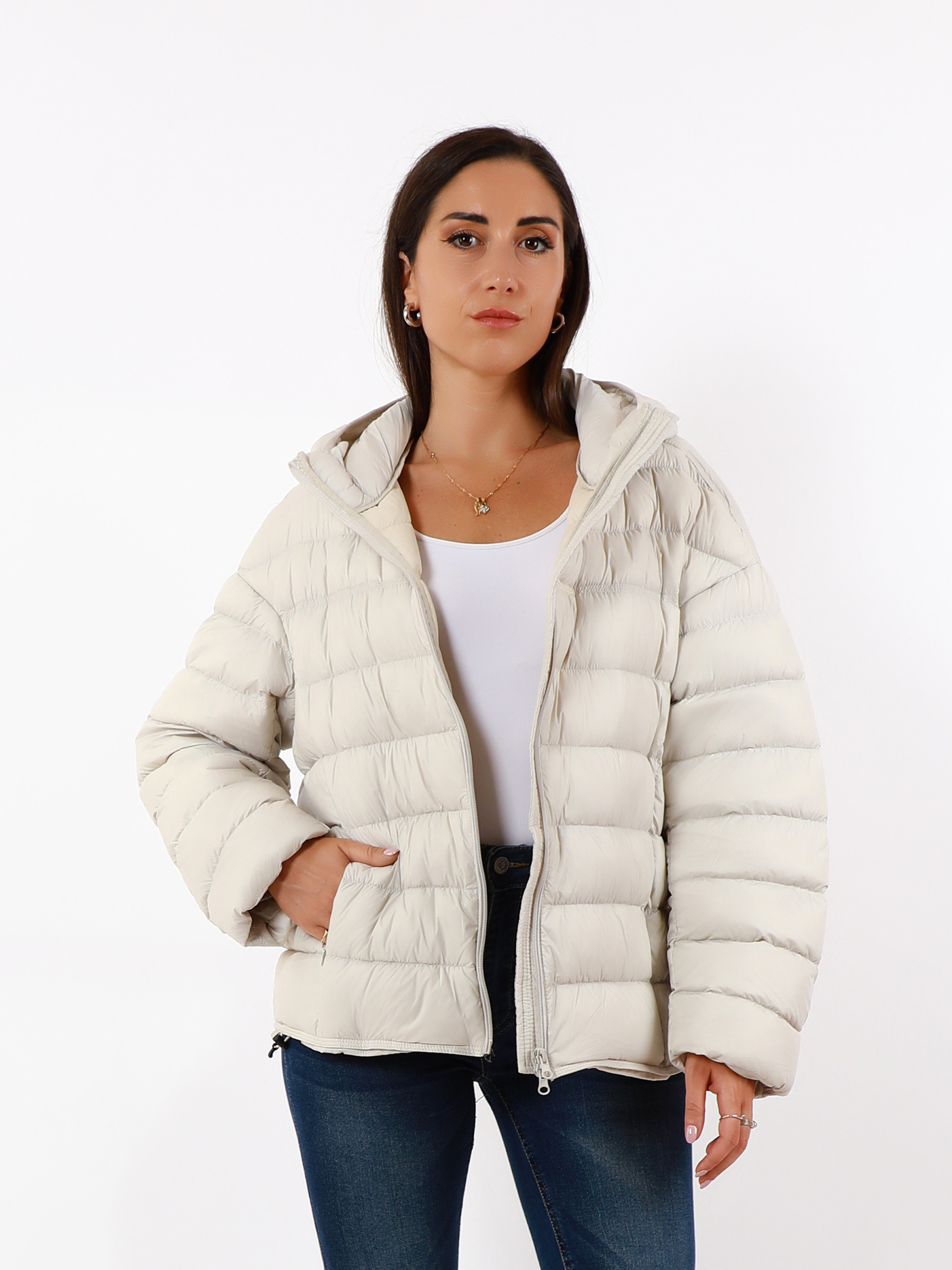 Wholesaler TDI FASHION - Lightweight beige women's puffer jacket with hood – versatile padded coat