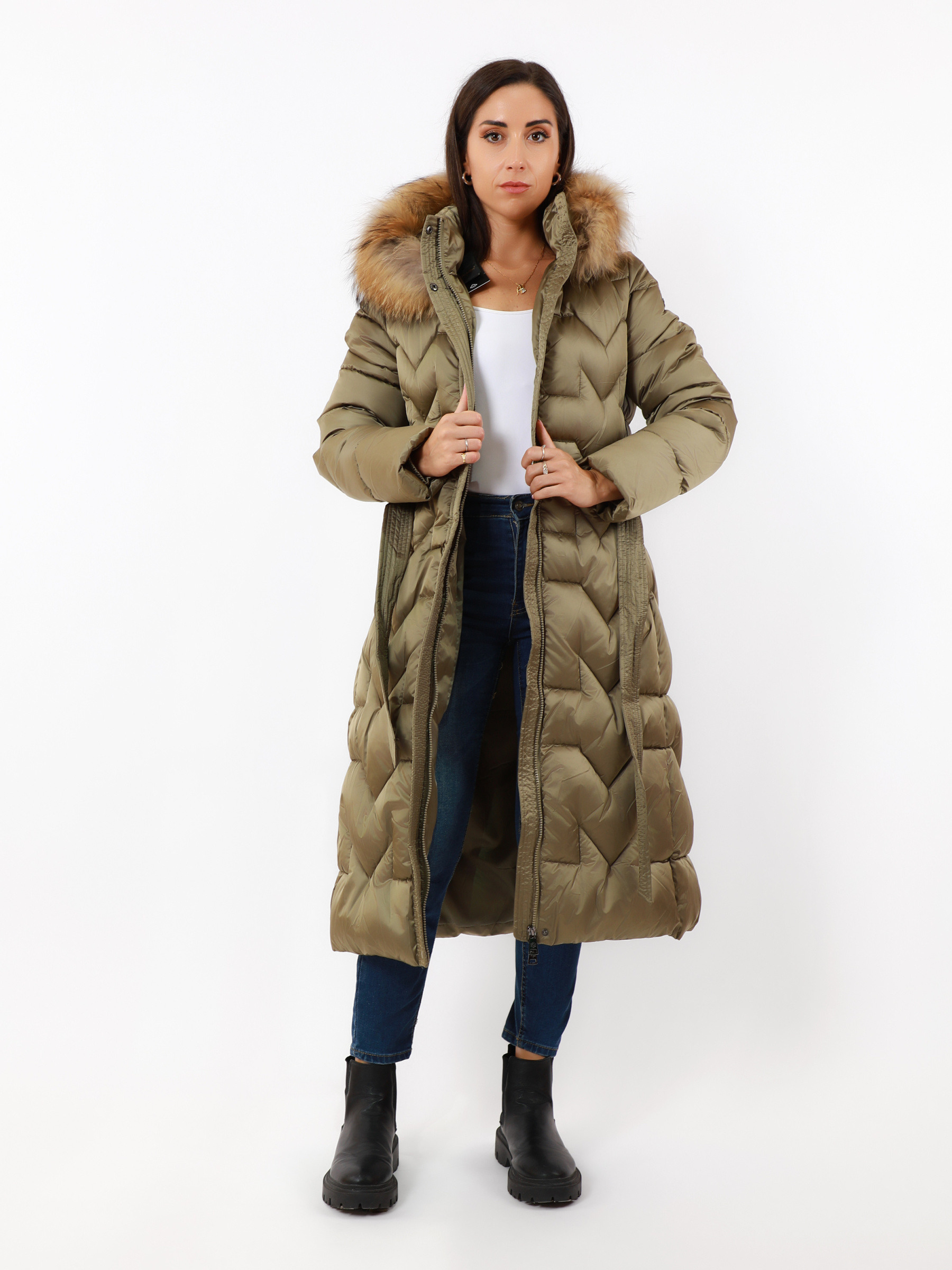 Mayorista TDI FASHION - Abrigo largo de plumas para mujer con cinturón y capucha de piel sintética – chaqueta de invierno elegante