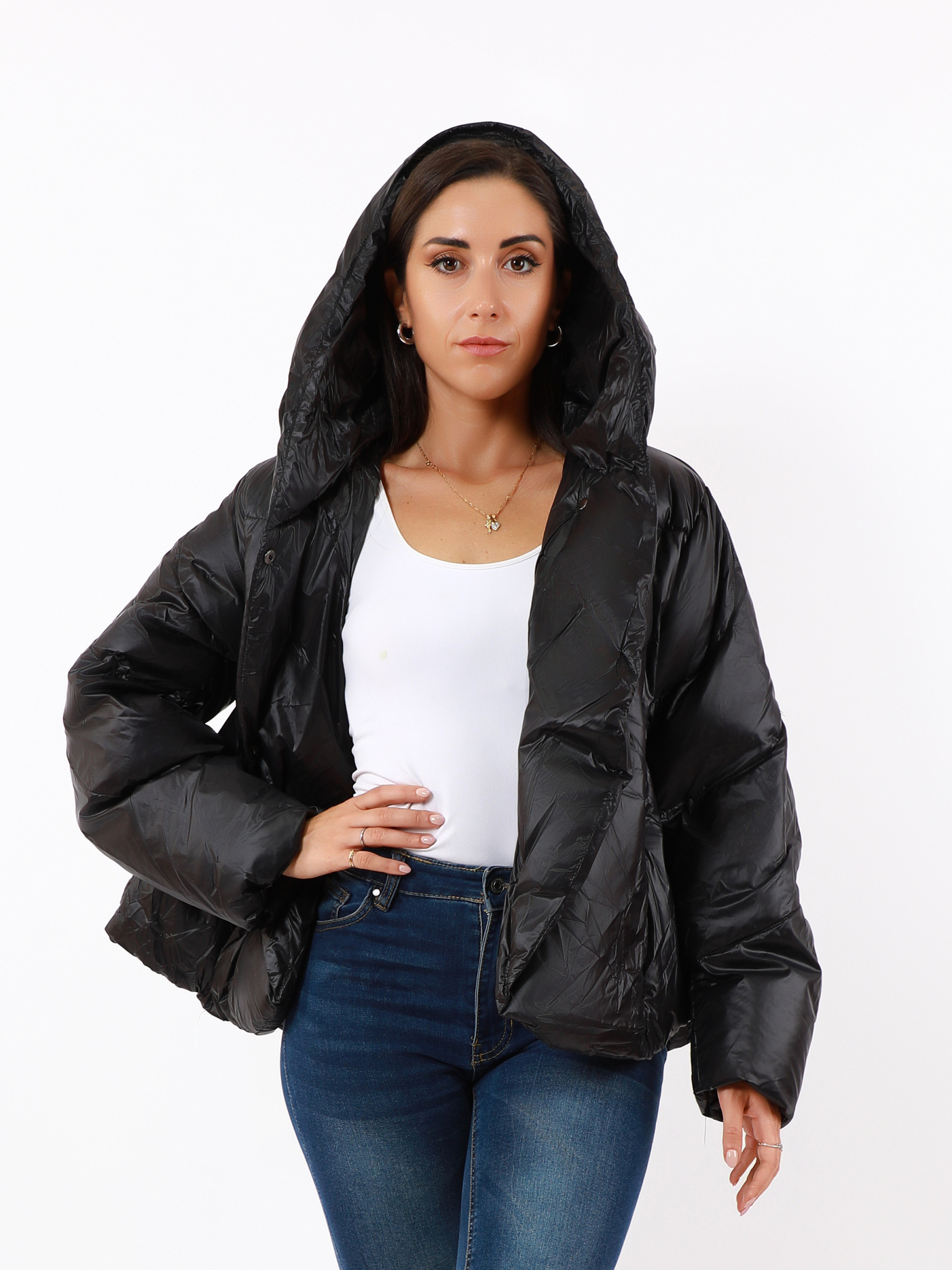Wholesaler TDI FASHION - Light yellow oversized women's puffer jacket with hood – trendy padded coat