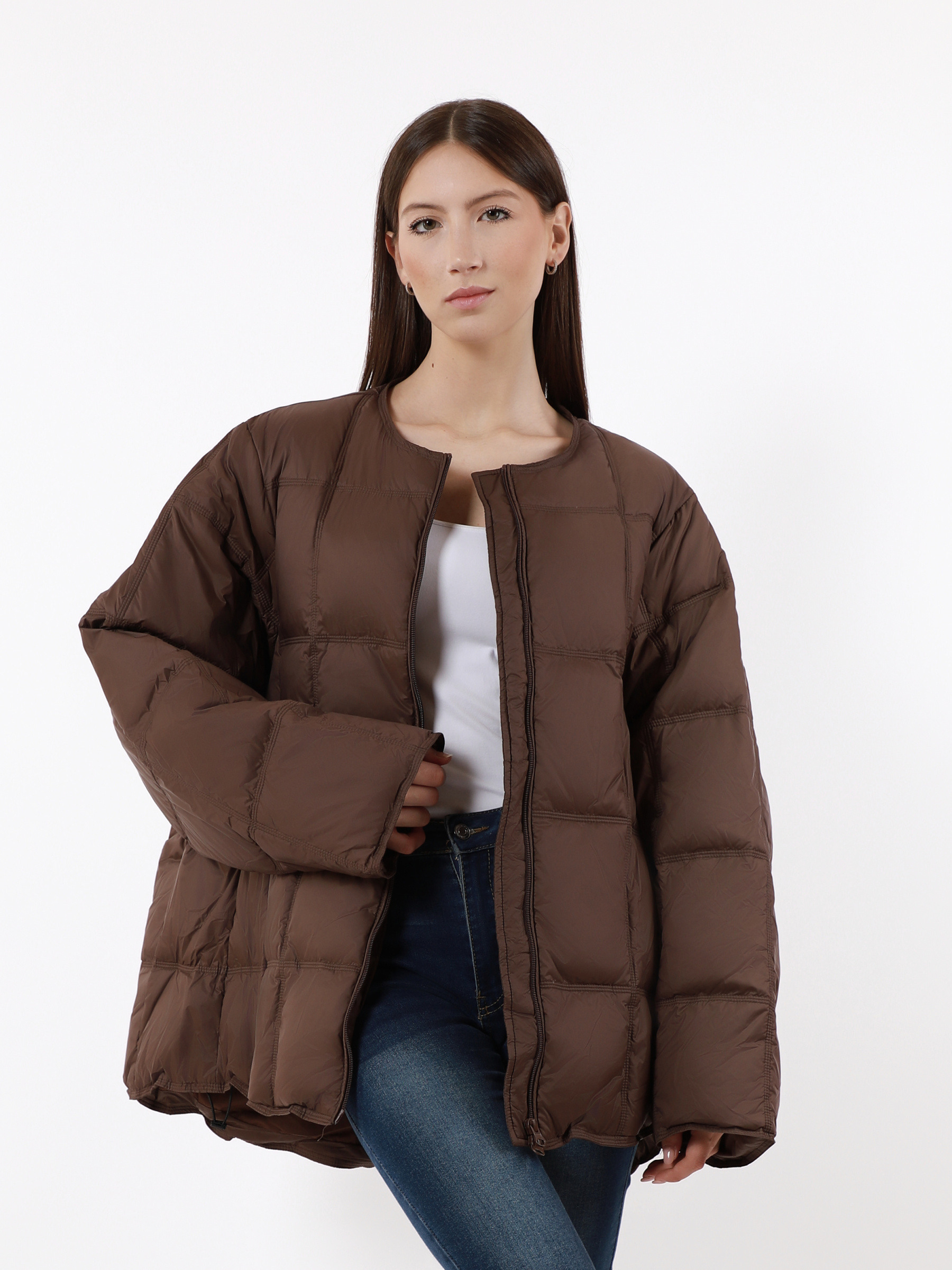 Wholesaler TDI FASHION - Women's Oversized Quilted Check Puffer Jacket with Zip – Brown