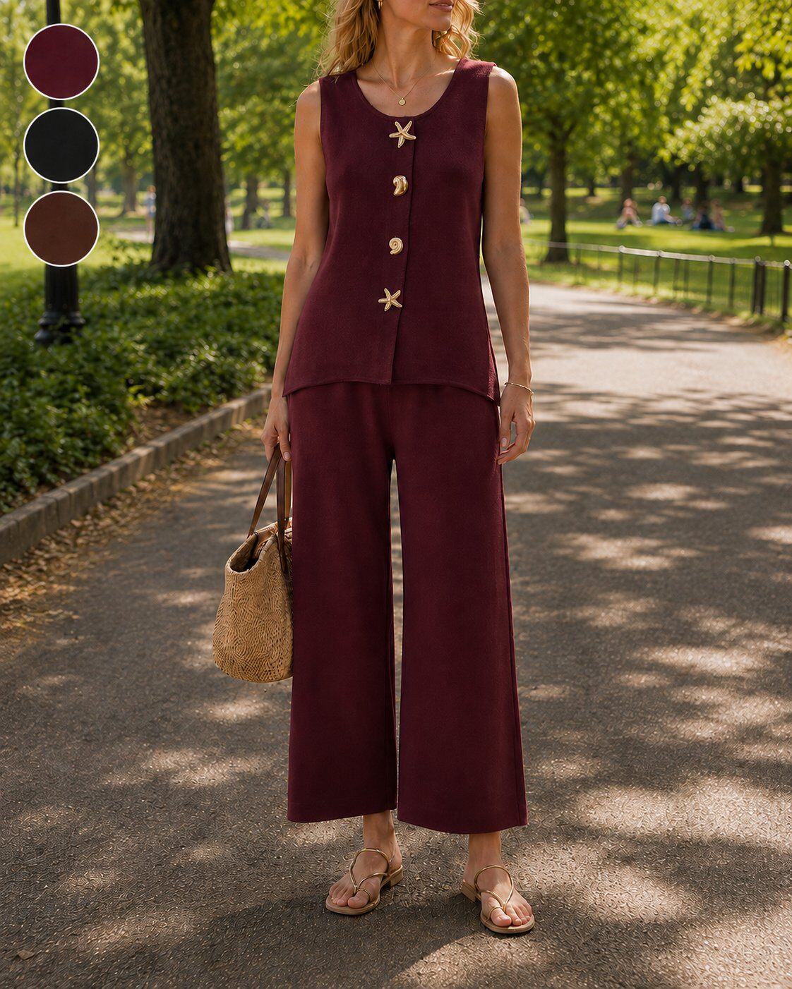 Wholesaler TDI FASHION - Women's 2-piece knit set with vest and pants – elegant, soft, burgundy color with decorative buttons