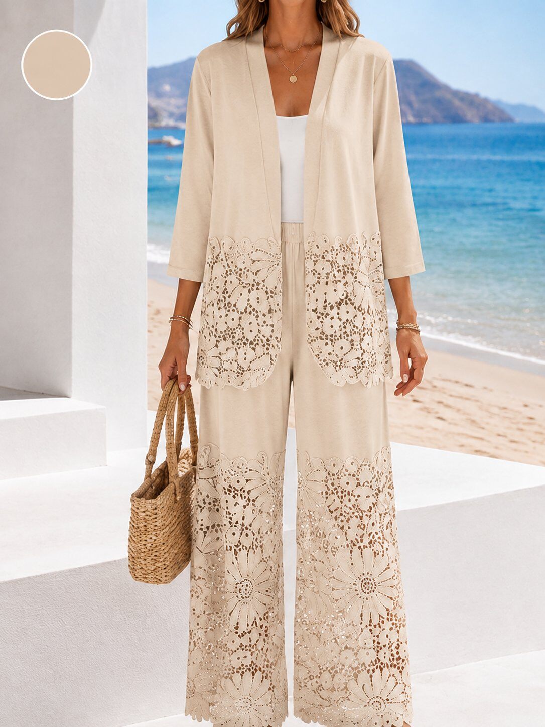 Wholesaler TDI FASHION - Women's knit set with open cardigan and floral lace pants – elegant, chic, beige color