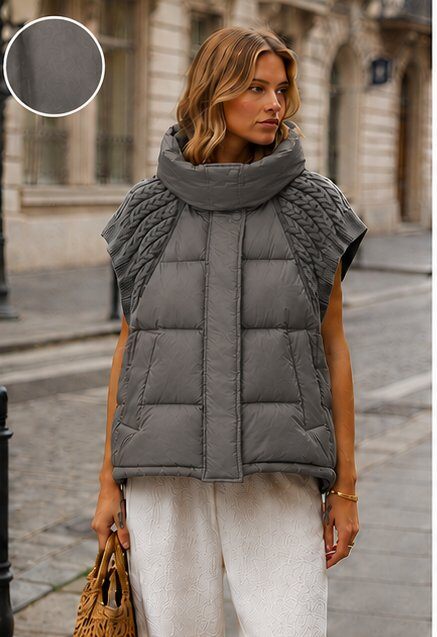 Grossista TDI FASHION - Gilet Piumino Donna Oversize con Spalle in Maglia a Trecce – Collo Alto Imbottito