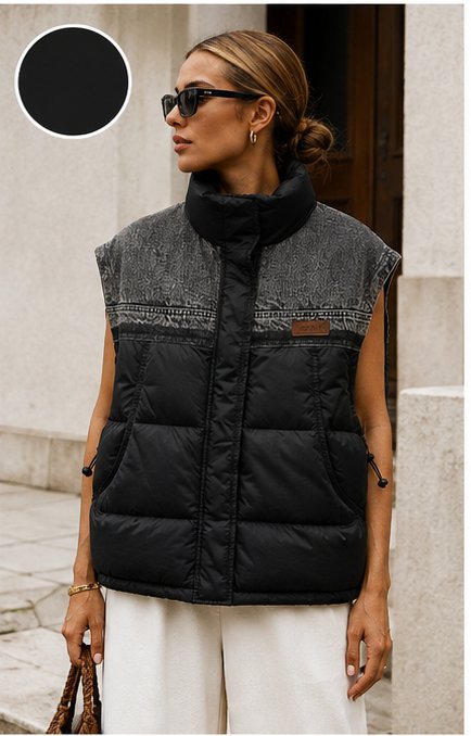 Grossiste TDI FASHION - Gilet Doudoune Femme Oversize avec Détails en Denim – Sans Manches Rembourré avec Col Montant Grossiste TDI FASHION - Gilet Doudoune Femme Oversize avec Détails en Denim – Sans Manches Rembourré avec Col Montant
