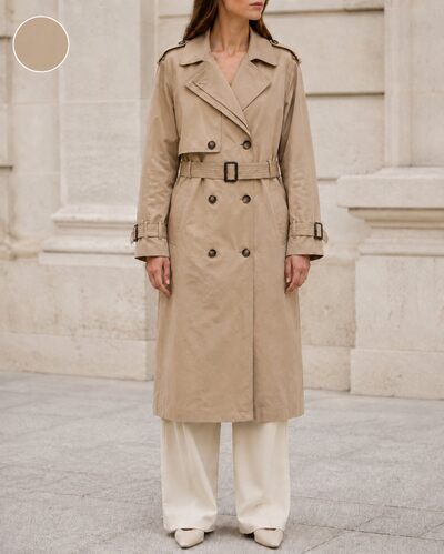 Großhändler TDI FASHION - Damen Langer Doppelreihiger Trenchcoat mit Gürtel – Klassischer Beiger Mantel Großhändler TDI FASHION - Damen Langer Doppelreihiger Trenchcoat mit Gürtel – Klassischer Beiger Mantel