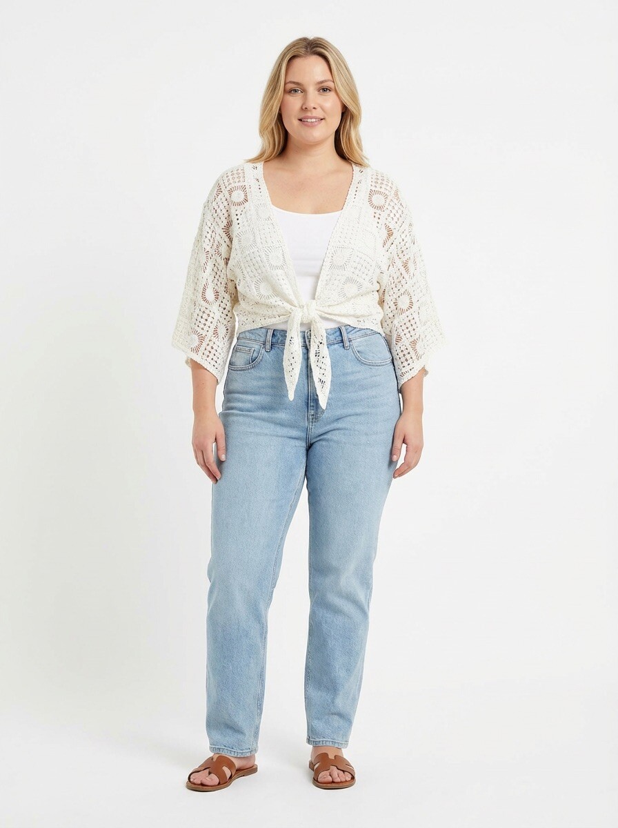 Grossiste TDI FASHION - Cardigan court en crochet ajouré avec col en V et nœud frontal – style bohème