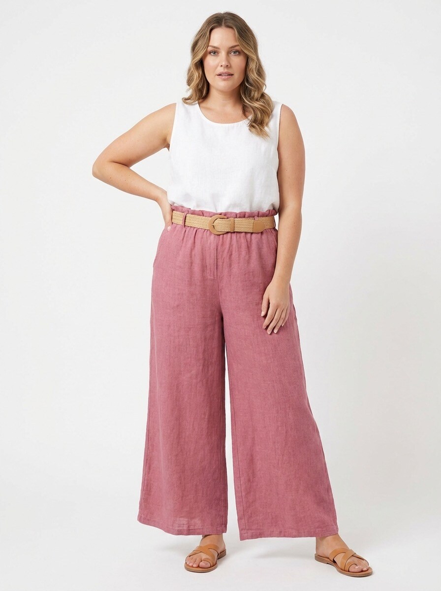 Grossiste TDI FASHION - Pantalon cropped en lin à jambes larges avec taille élastique, ceinture et poches (grande taille)