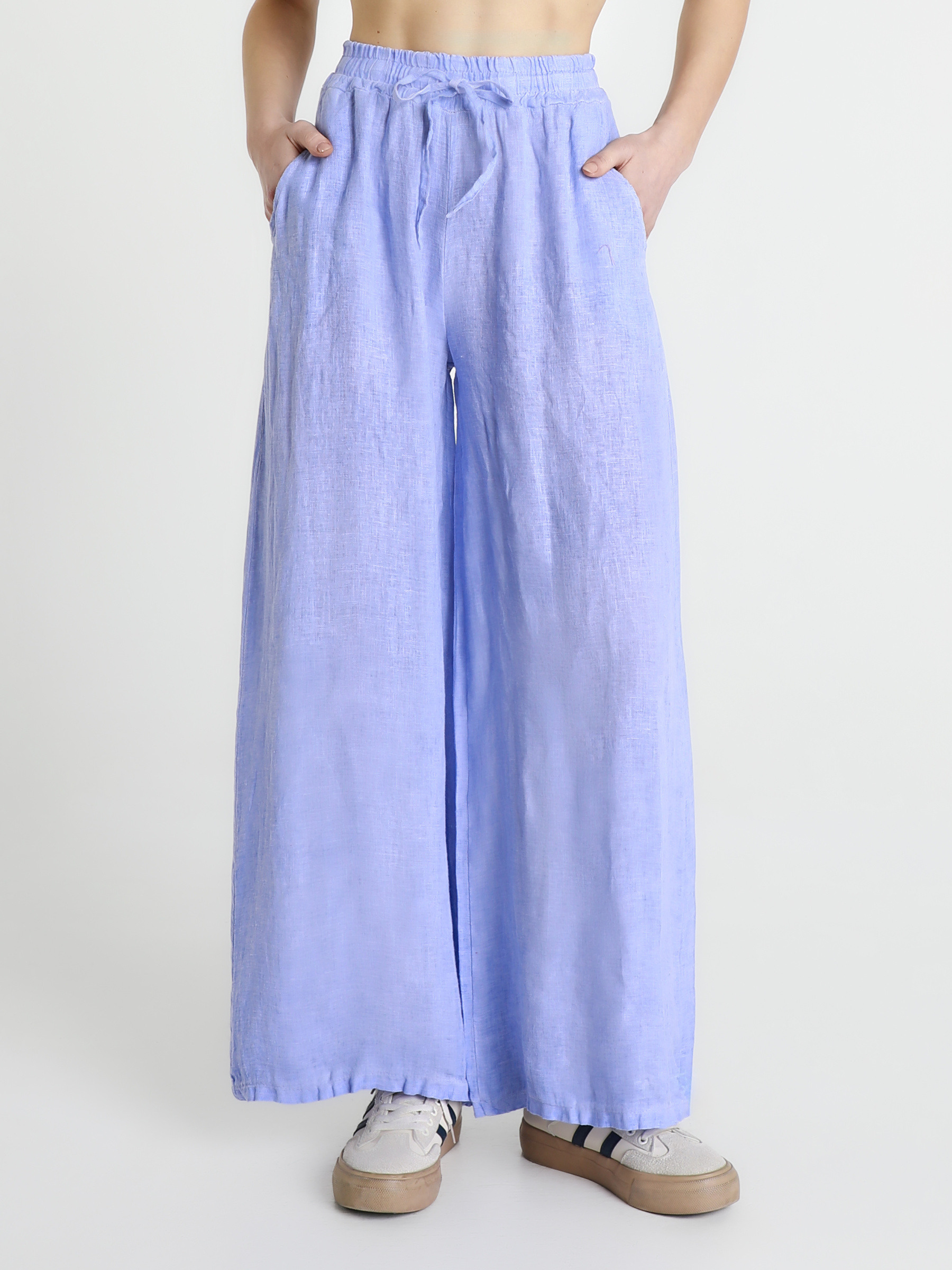 Grossiste TDI FASHION - Pantalon palazzo en lin avec taille élastiquée, cordon de serrage et poches latérales