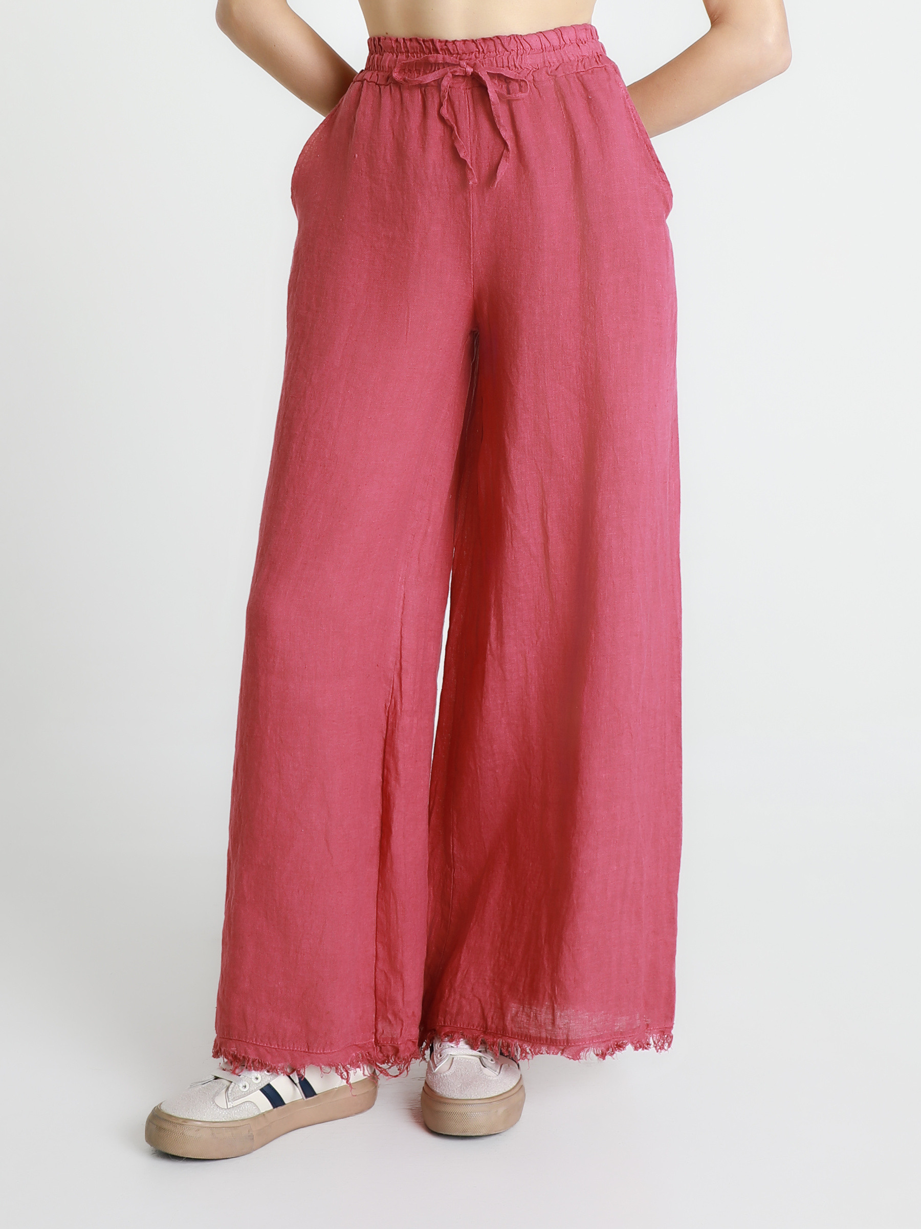 Grossiste TDI FASHION - Pantalon palazzo en lin avec taille élastique et cordon, ourlet effiloché