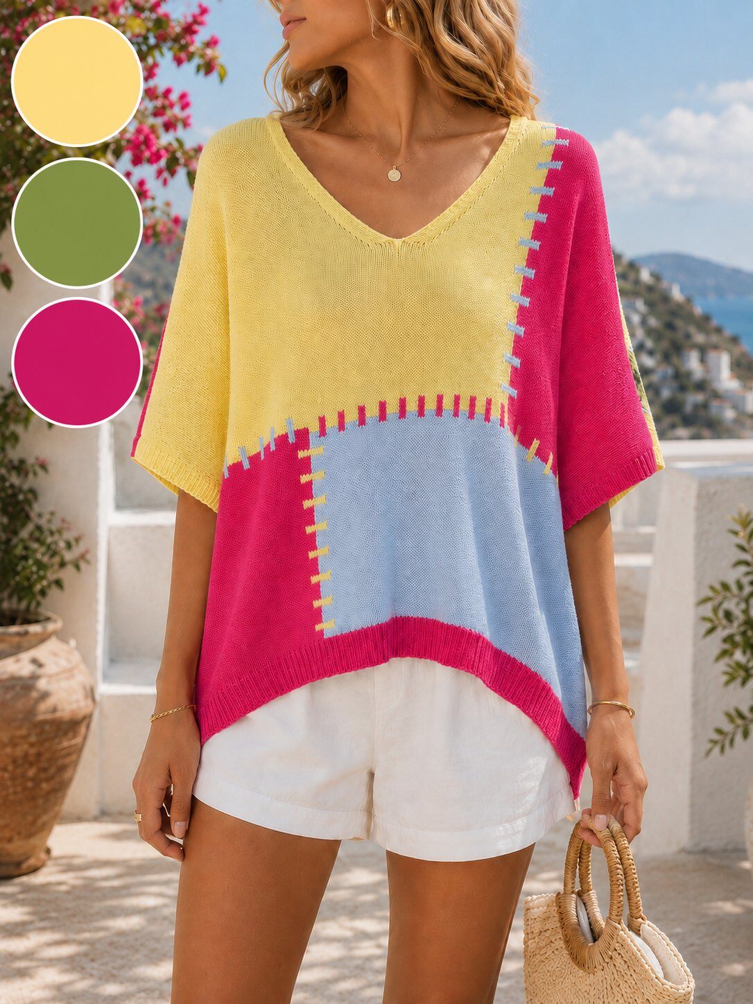 Wholesaler TDI FASHION - Women's oversized color block sweater with V-neck – multicolor casual chic style