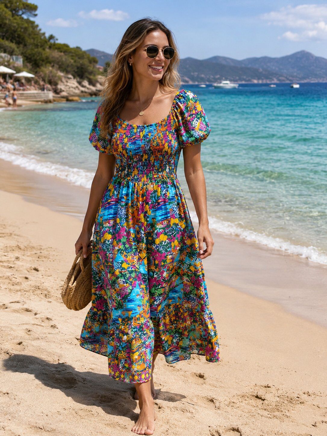 Wholesaler TDI FASHION - Women's long multicolor dress with Mediterranean print, elastic bodice, and short sleeves