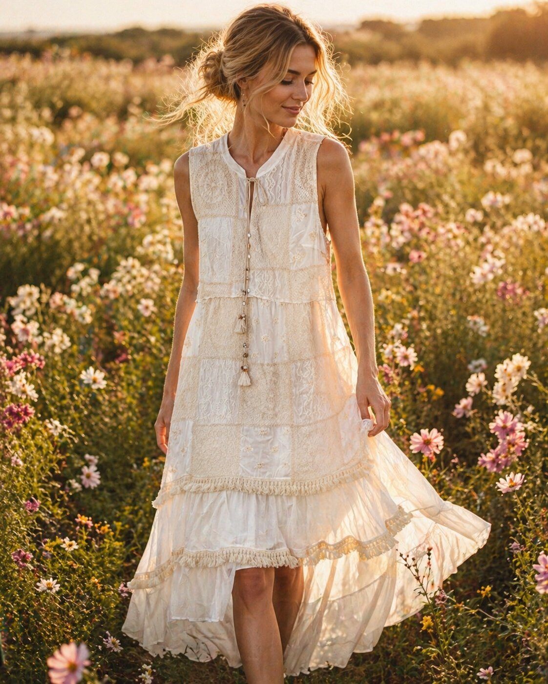 Wholesaler TDI FASHION - Sleeveless women's dress in white and beige with lace inserts and ruffles