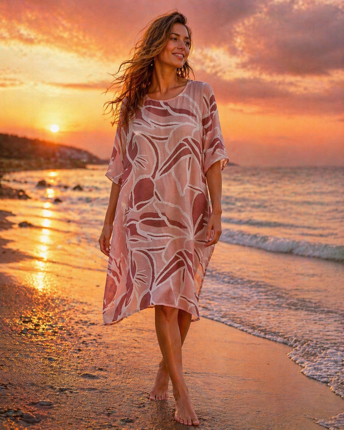 Wholesaler TDI FASHION - Women's white dress with leaf pattern, loose fit and 3/4 sleeves