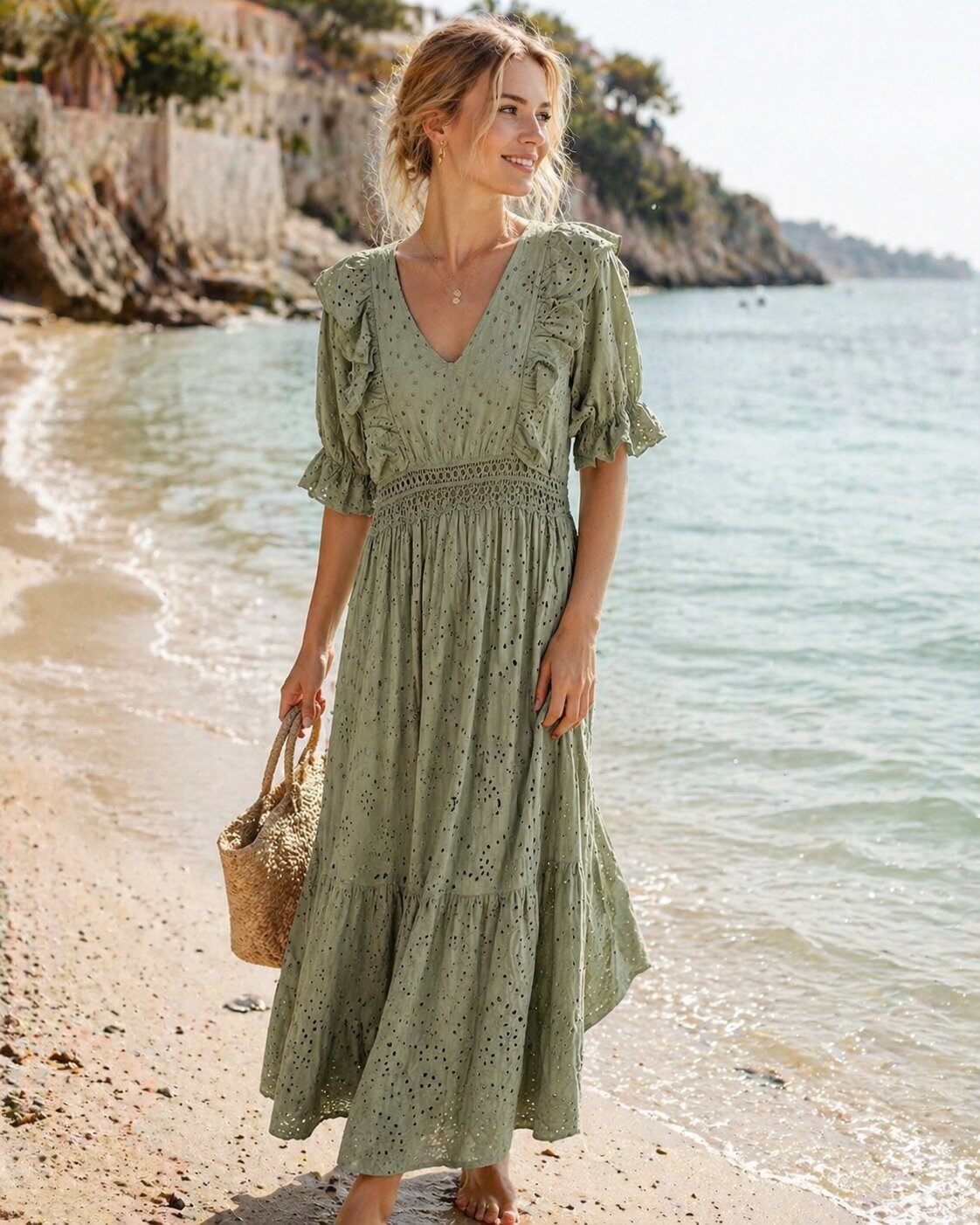 Wholesaler TDI FASHION - Women's long sage green dress in eyelet fabric with a V-neckline and ruffles