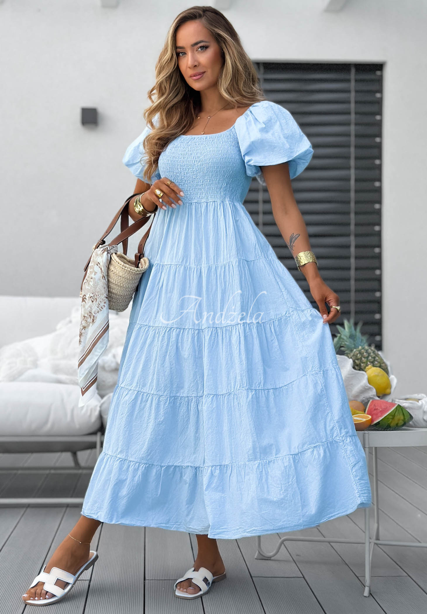 Mayorista TDI FASHION - Vestido midi con volantes, corpiño fruncido y mangas abullonadas
