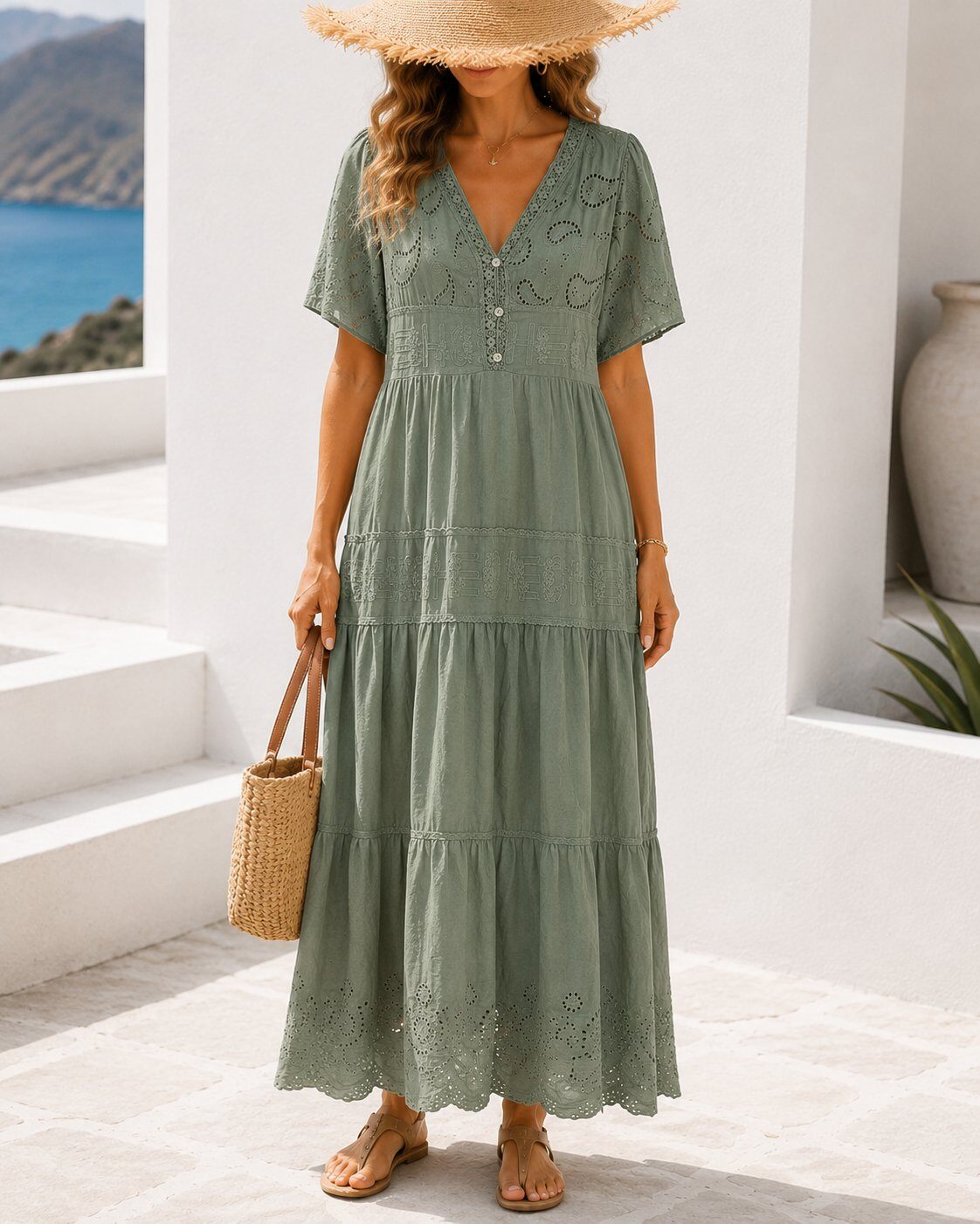 Wholesaler TDI FASHION - Sage green women's midi dress with a V-neck, eyelet embroidery, and short sleeves