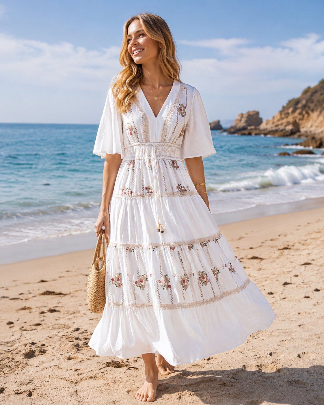 Mayorista TDI FASHION - Vestido largo de mujer blanco con bordados florales, escote en V y mangas amplias