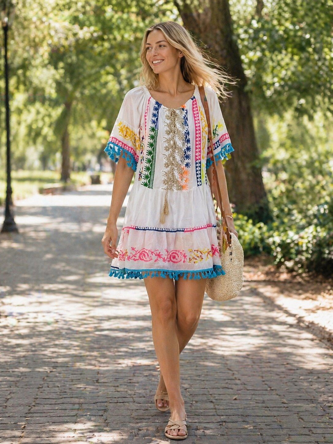 Grossista TDI FASHION - Abito corto boho con ricami multicolor e nappine