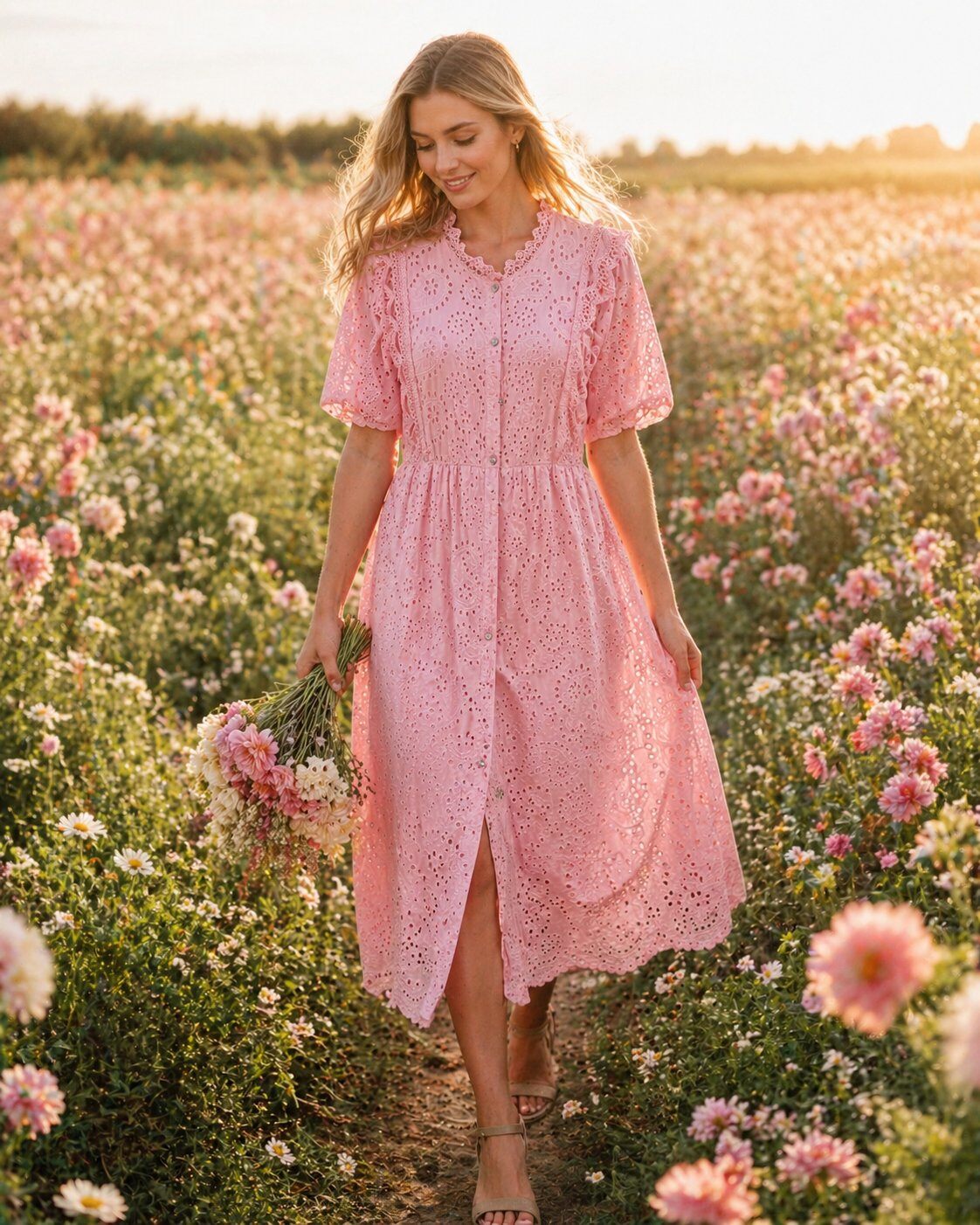 Wholesaler TDI FASHION - White women's dress in eyelet lace with front buttons and short sleeves