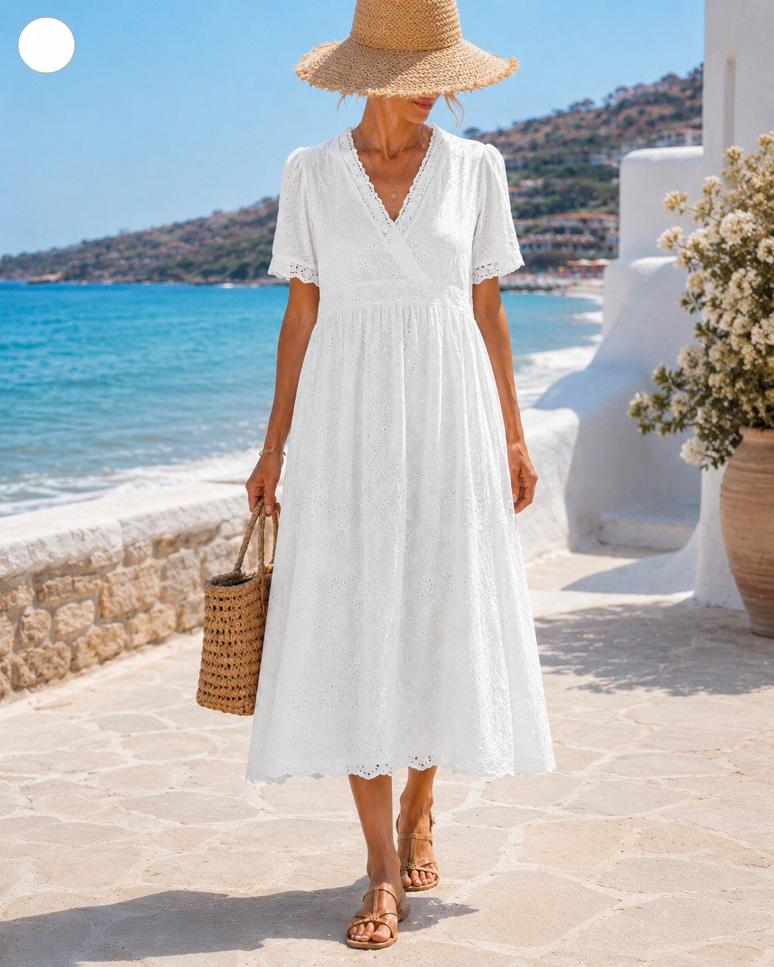 Grossiste TDI FASHION - Robe midi femme blanche en broderie anglaise avec col en V et manches courtes