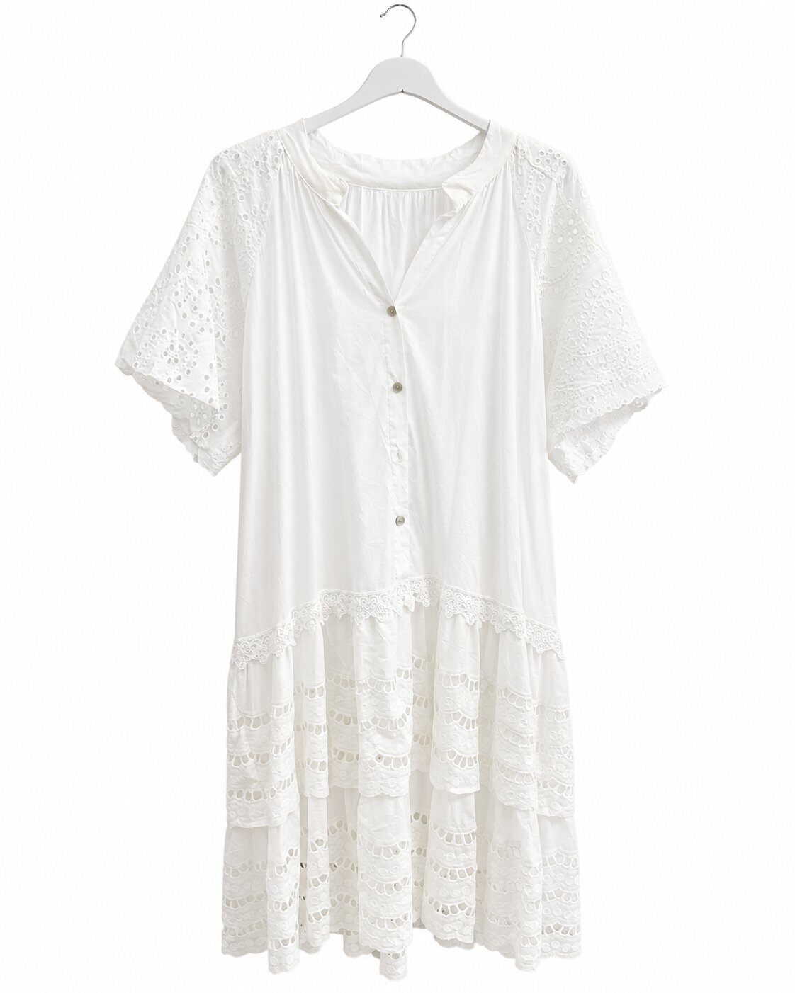 Wholesaler TDI FASHION - Fuchsia women's dress with front buttons, embroidered sleeves, and lace ruffle