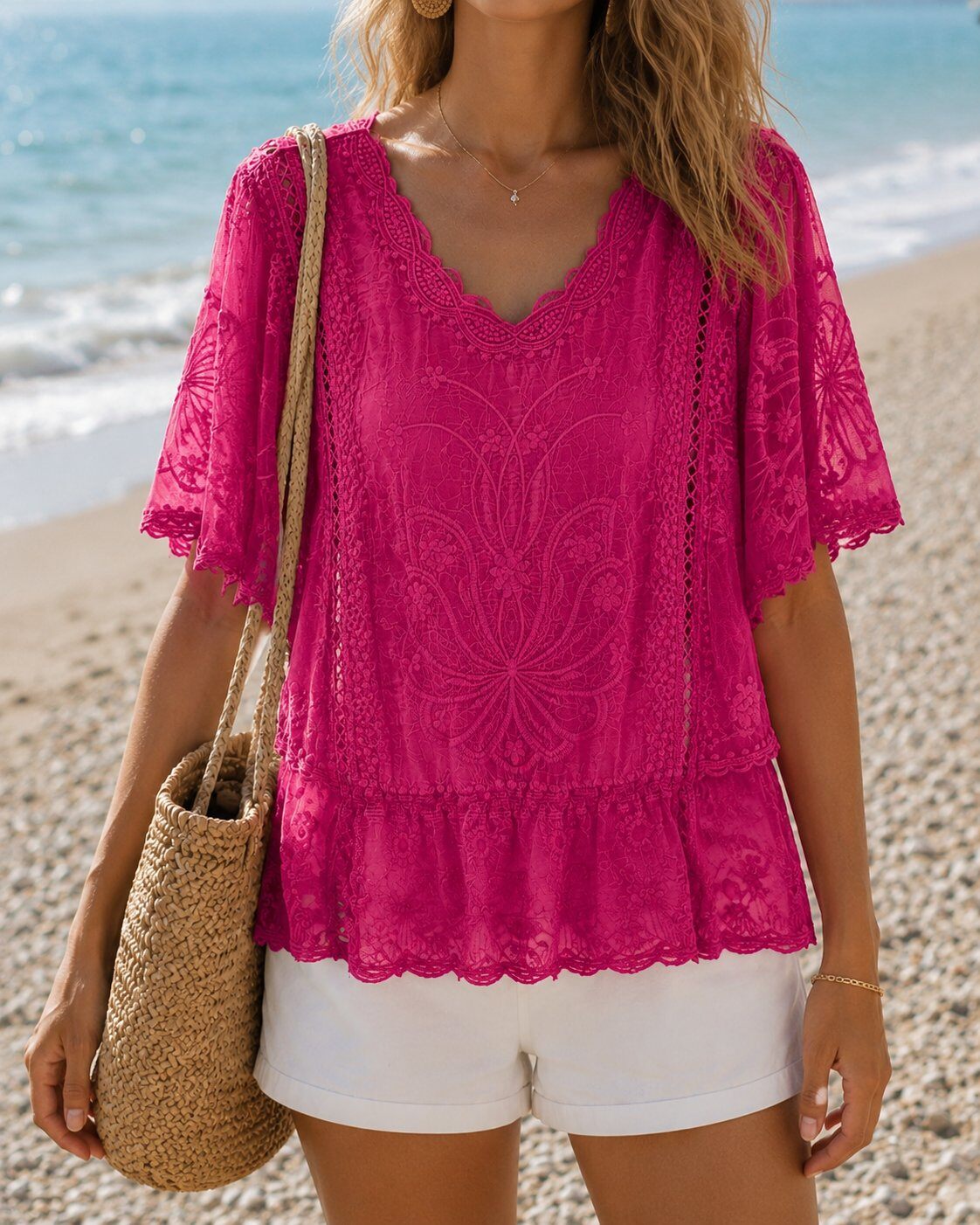 Wholesaler TDI FASHION - Women's fuchsia blouse in embroidered lace with short sleeves and shaped neckline