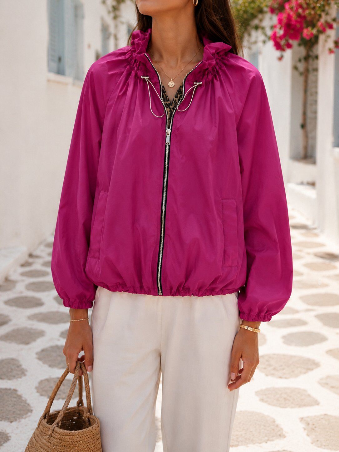 Wholesaler TDI FASHION - Women's fuchsia jacket with hood, front zipper, and animal print lining