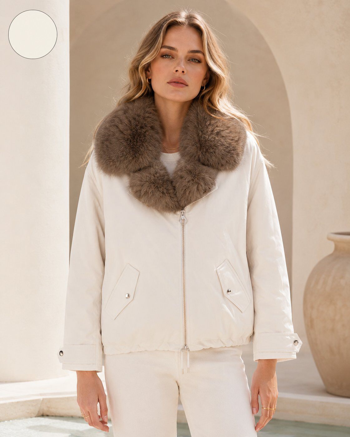 Grossiste TDI FASHION - Veste Femme Blanche avec Large Col en Fourrure – Blouson d'Hiver Oversize
