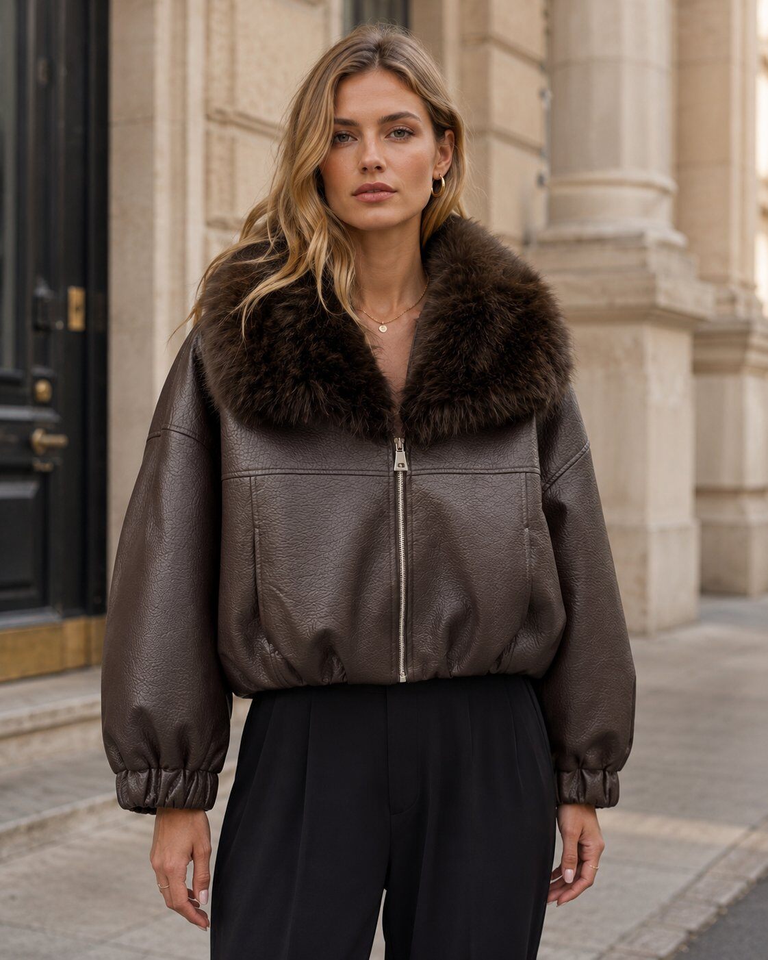 Grossiste TDI FASHION - Veste Femme Courte Marron Effet Cuir avec Col en Fourrure – Bomber Hivernal