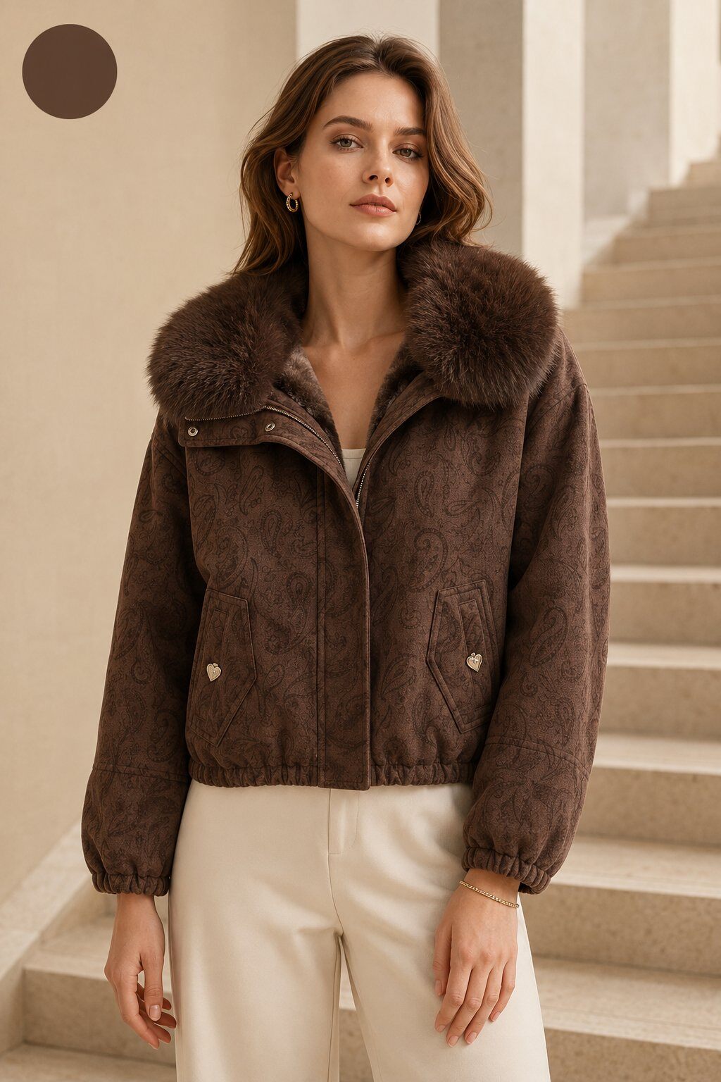 Grossiste TDI FASHION - Veste Femme Vintage avec Imprimé Paisley et Col en Fourrure
