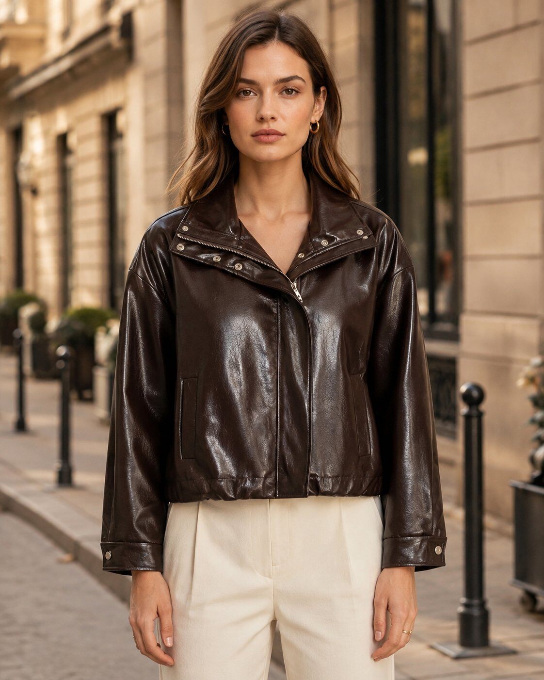 Wholesaler TDI FASHION - Women's Brown Biker Jacket with Shiny Leather Effect and Asymmetric Zip