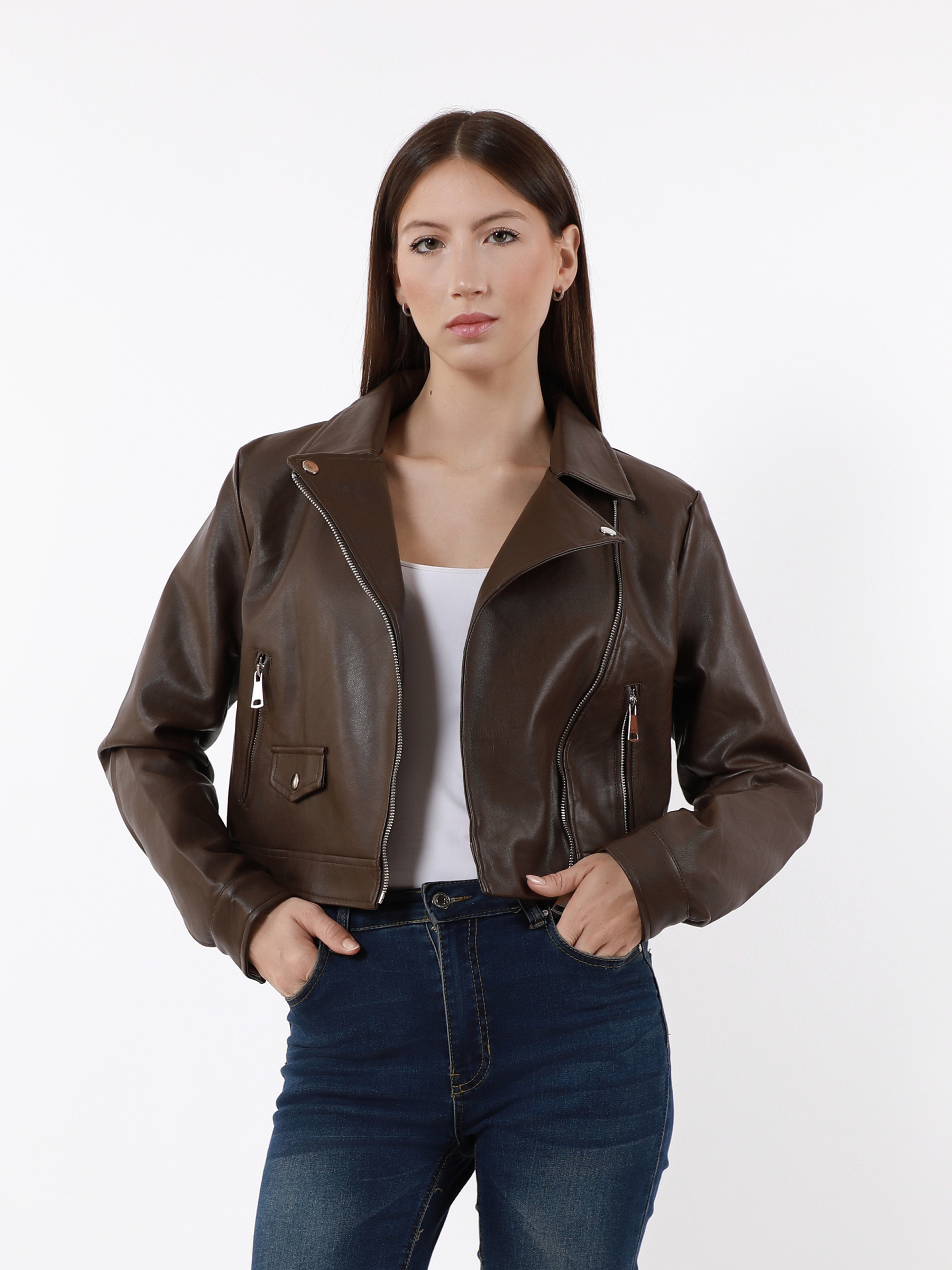 Wholesaler TDI FASHION - Women's Short Biker Jacket in Faux Leather with Asymmetric Zip – Brown