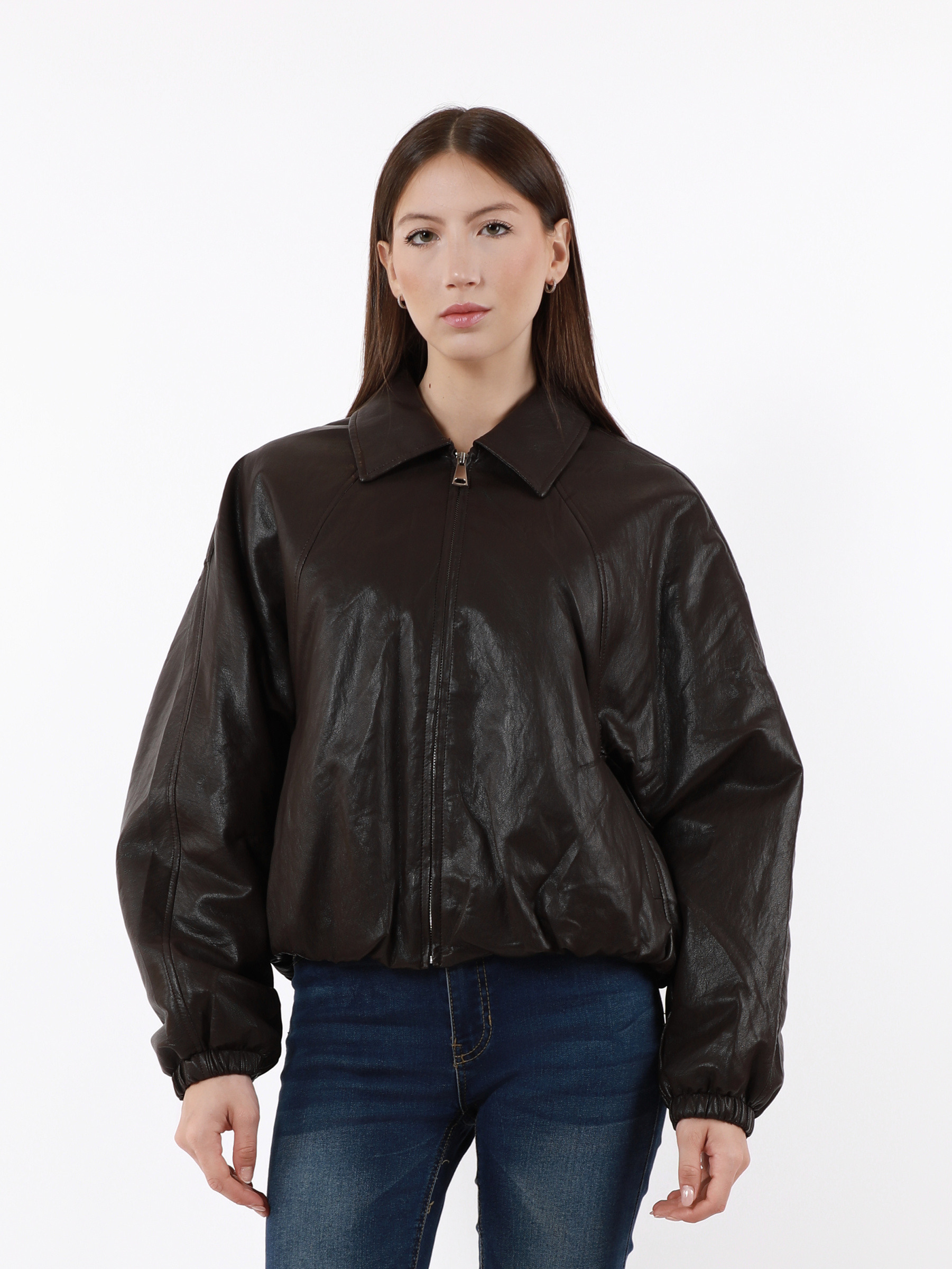 Wholesaler TDI FASHION - Women's Brown Faux Leather Jacket with Collar and Front Zipper