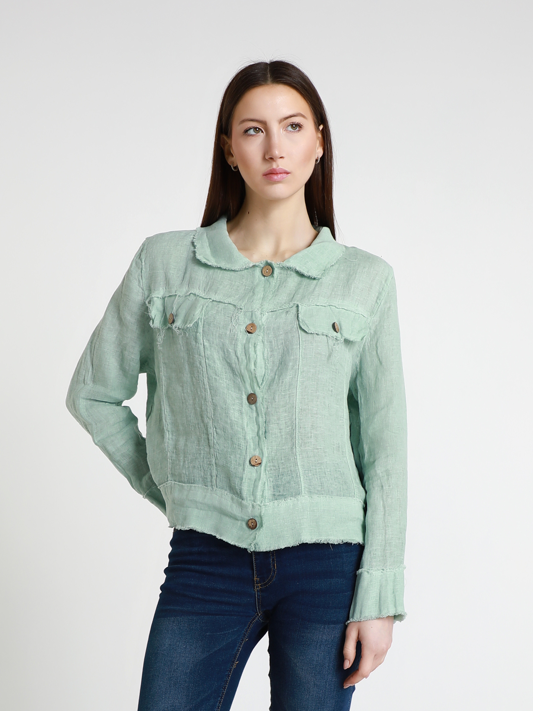 Grossiste TDI FASHION - Veste/chemise courte en lin avec bords effilochés, boutons et poches frontales
