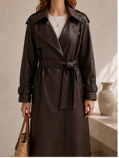 Grossista TDI FASHION - Trench Lungo Donna Effetto Pelle con Cintura – Cappotto Doppiopetto Elegante