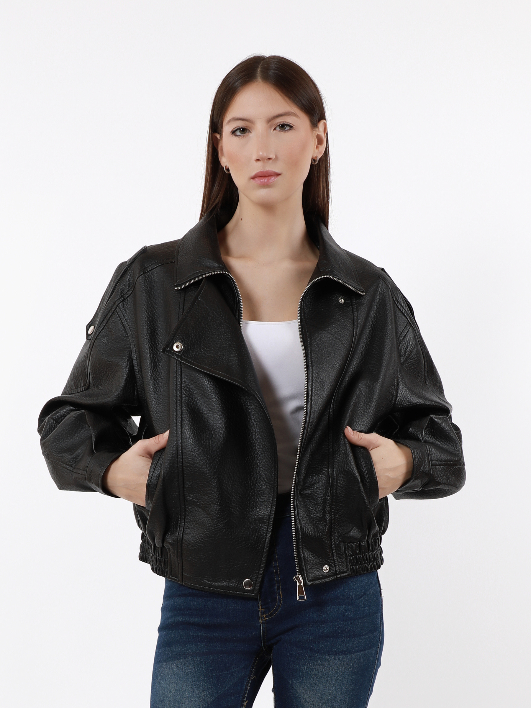 Wholesaler TDI FASHION - Women's Black Faux Leather Oversized Biker Jacket with Asymmetric Zip