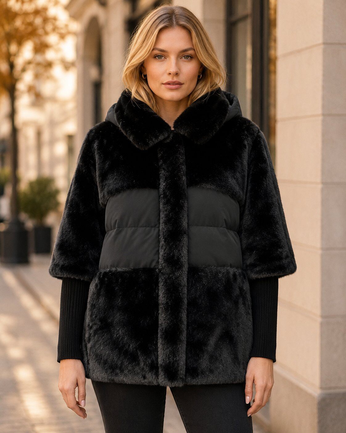 Wholesaler TDI FASHION - Women's Black Padded Jacket with Faux Fur – Knit Sleeves and Patchwork Design