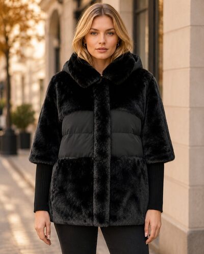 Wholesaler TDI FASHION - Women's Black Padded Jacket with Faux Fur – Knit Sleeves and Patchwork Design Wholesaler TDI FASHION - Women's Black Padded Jacket with Faux Fur – Knit Sleeves and Patchwork Design