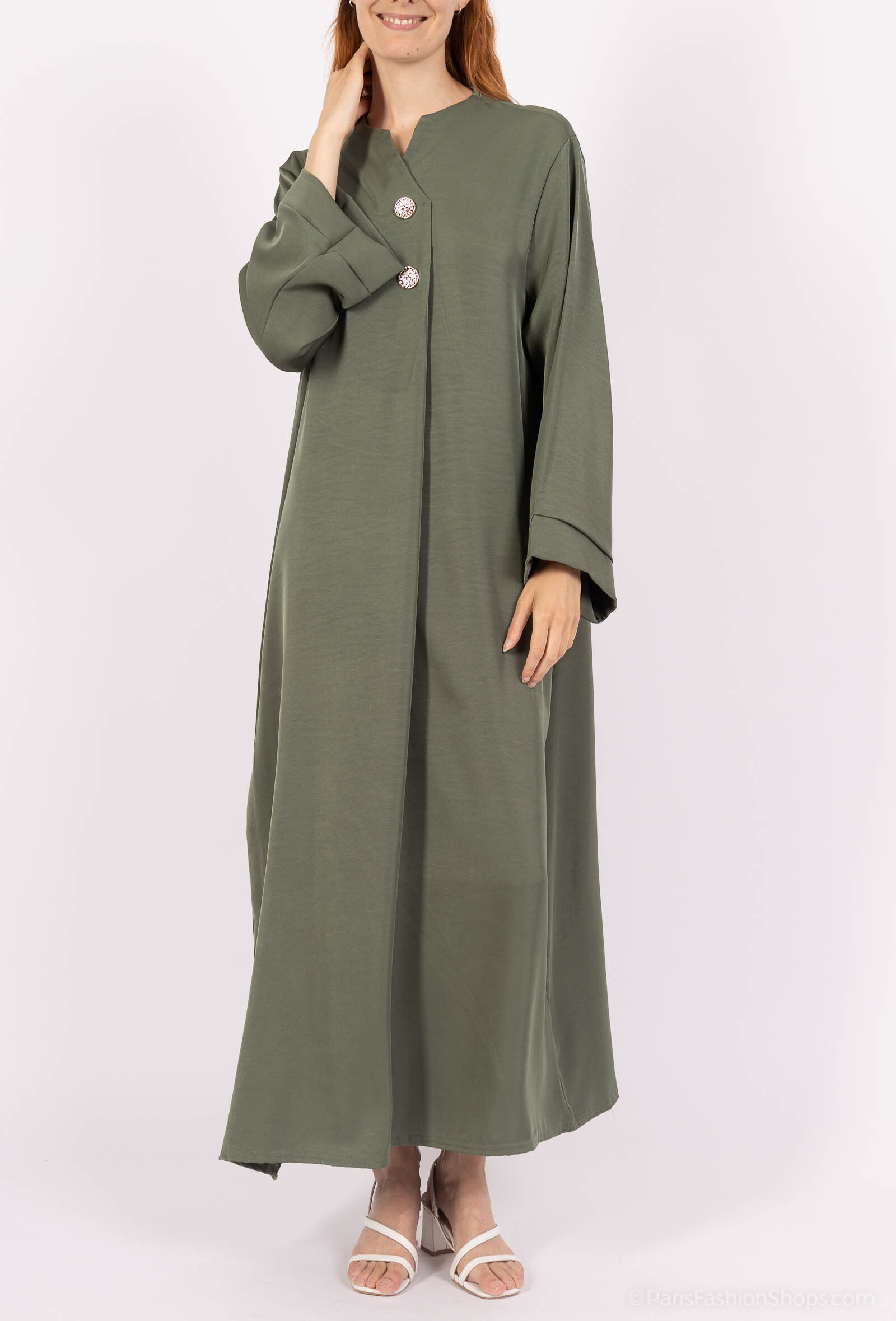 Großhändler Tendance - lange Abaya mit langen Ärmeln, rundem offenen Kragen, 2 goldenen Knöpfen, dickem Satinstoff