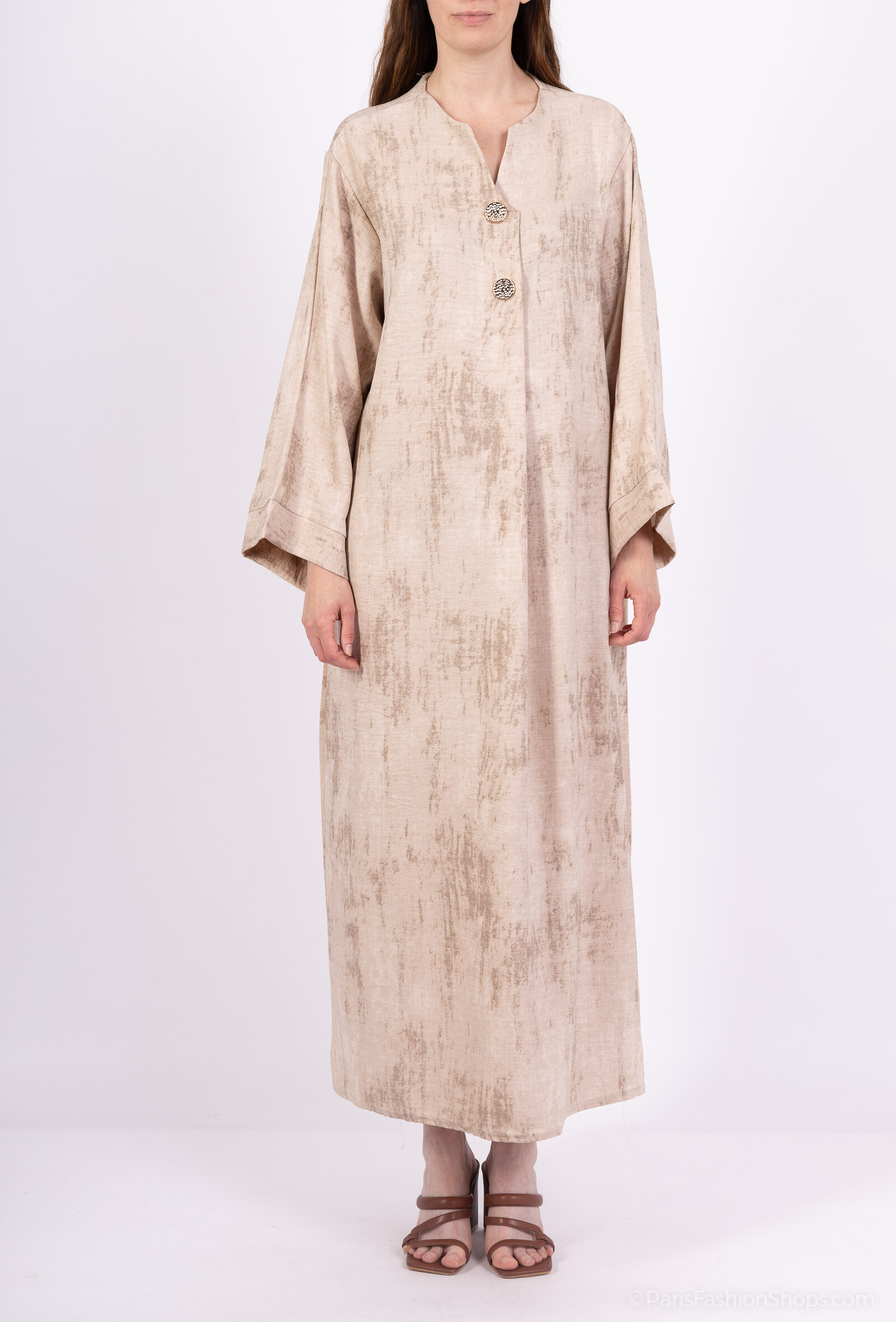 Grossiste Tendance - abaya manche longue col rond ouvert 2 boutons doré tissu effet tie and dye