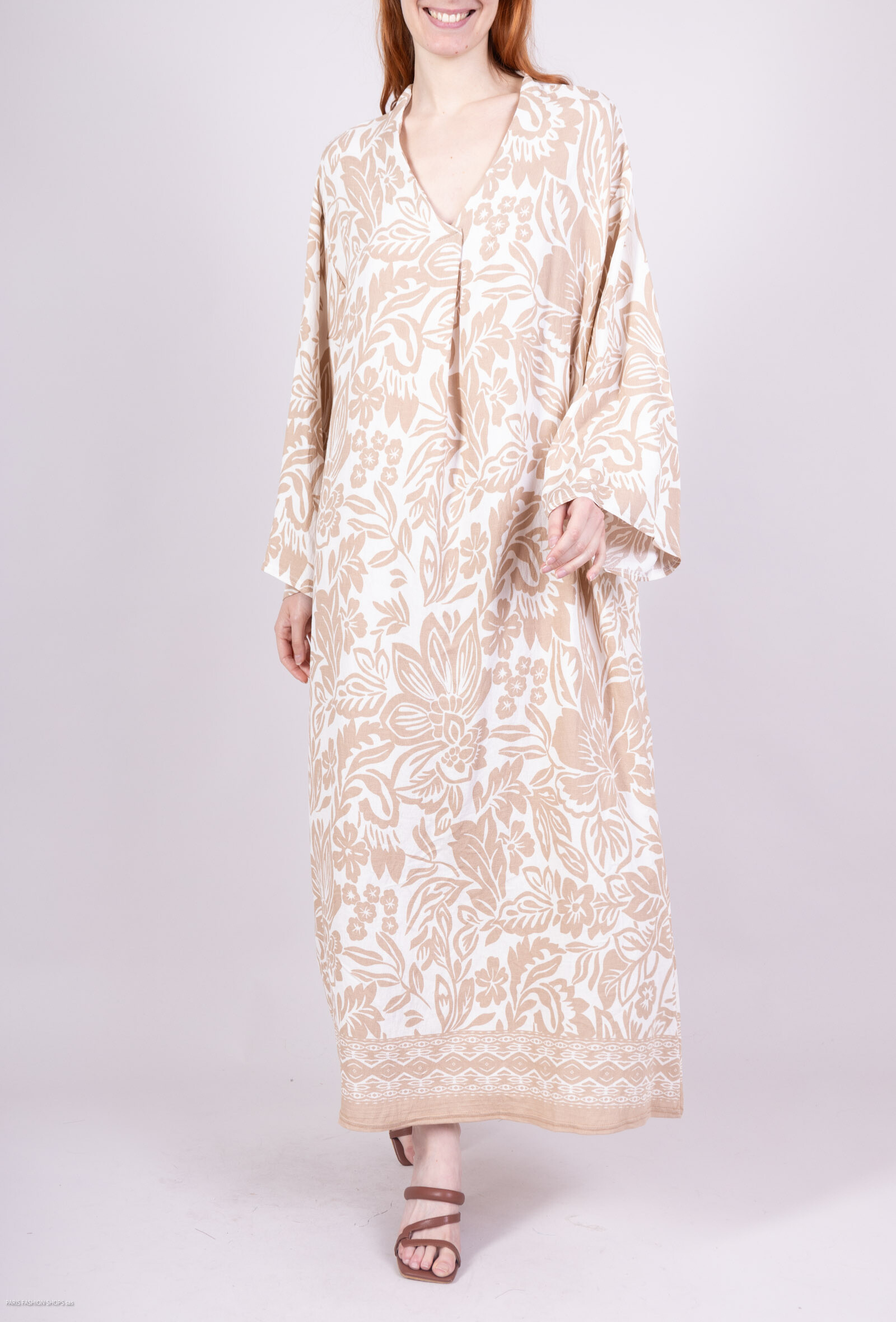 Grossiste Tendance - abaya col v pli imprimé arabesque base viscose