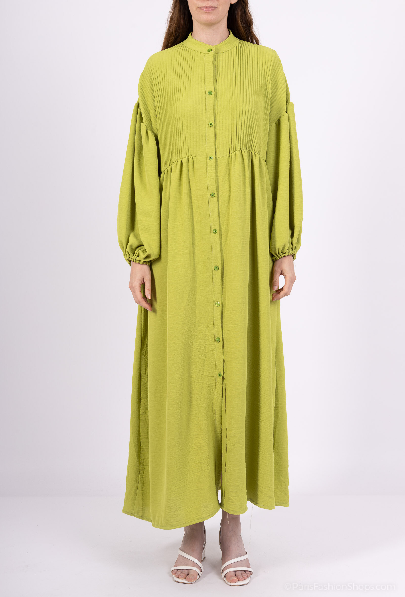 Grossiste Tendance - abaya manche bouffante elastique col mao buste plissé