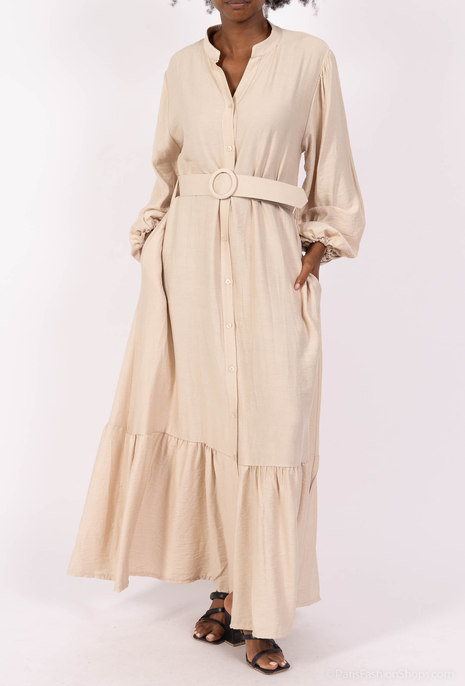 Großhändler Tendance - Abaya Mao-Kragen breiter Gürtel Mao-Kragen elastische Ärmel Babydoll