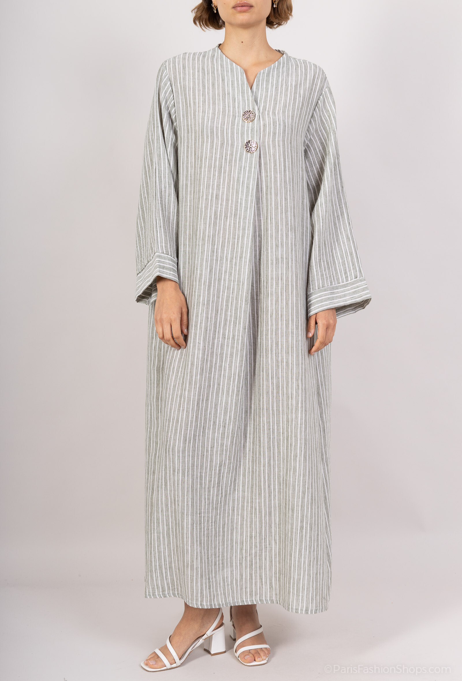 Grossista Tendance - Abaya Linen Effect Irregolare Clart Round Collar 2 Pulsanti marroni grandi