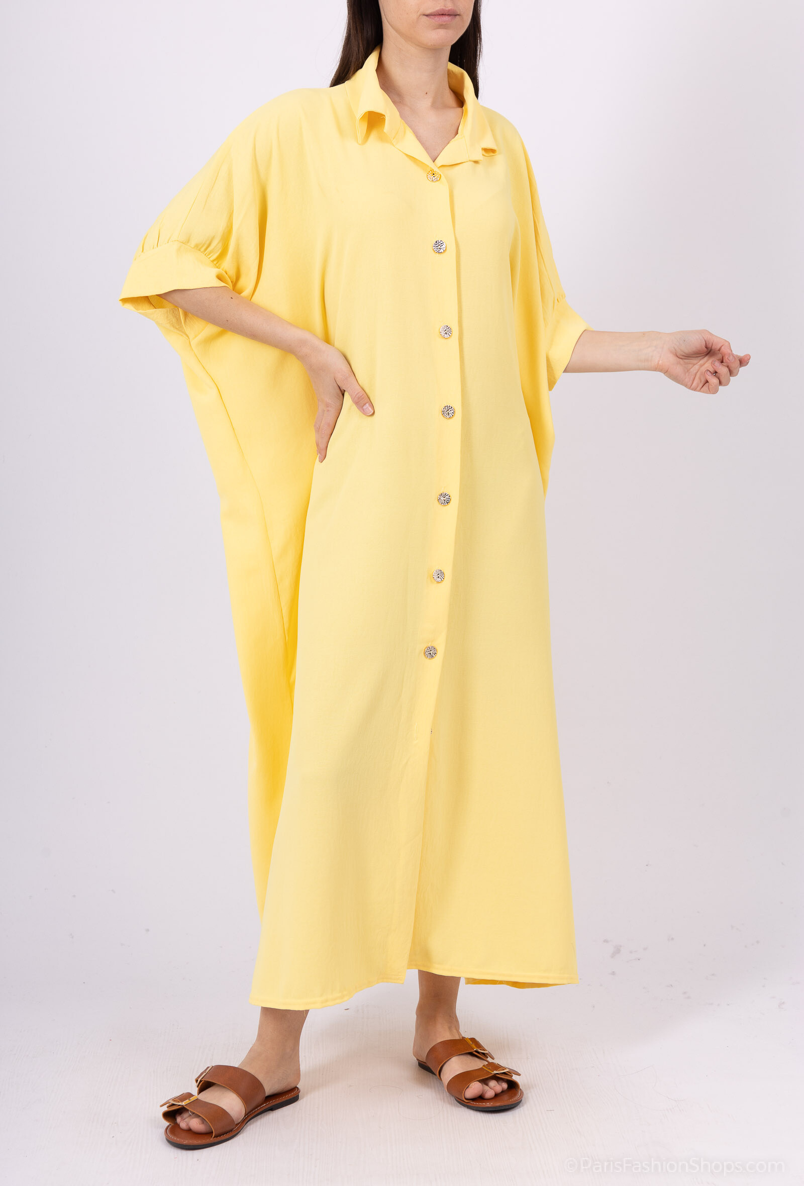Grossiste Tendance - robe longue large manche courte col chemise boutons