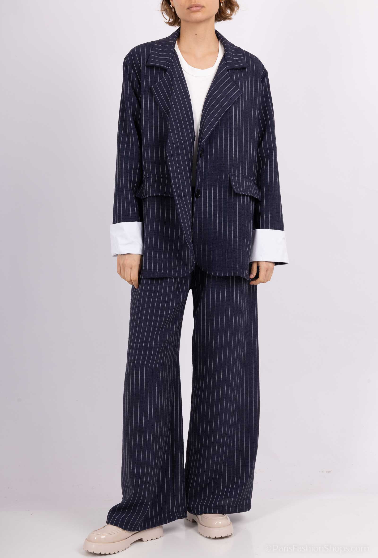 Grossiste Tendance - ensemble veste rayé manche blanche retroussé pantalon