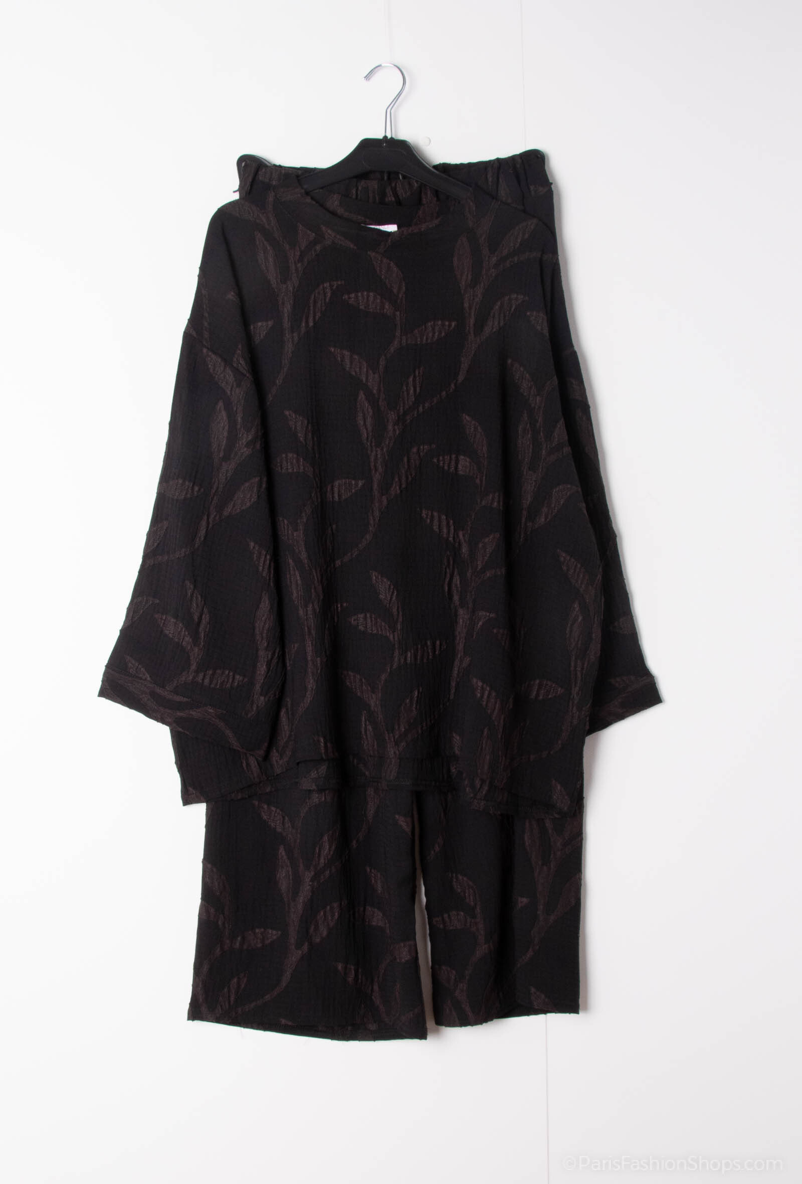 Grossiste Tendance - ensemble tissu devore motif plante rayure manche large col rond patte large