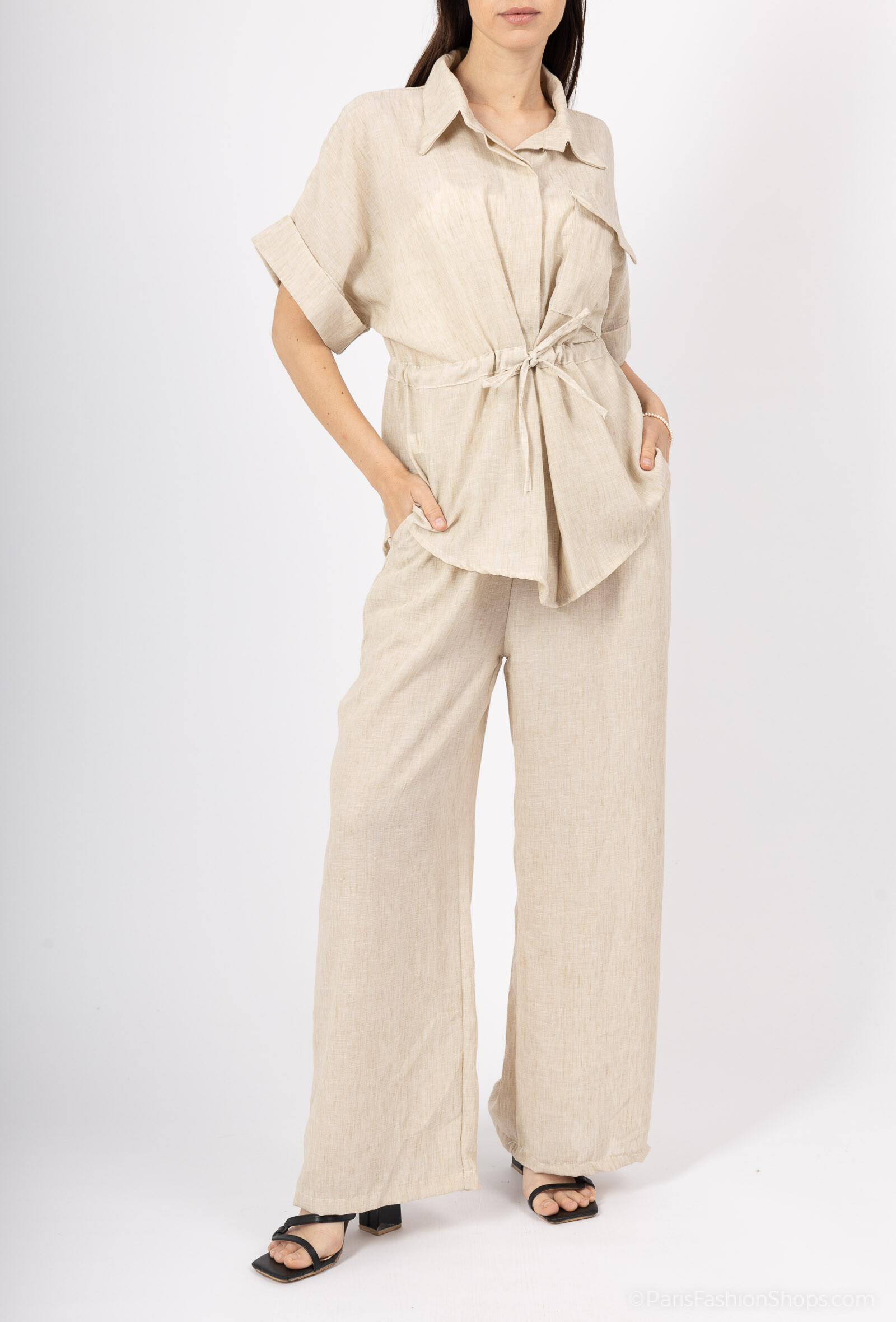 Grossiste Tendance - ensemble blouse safari col chemise manche courte poche ceinture cintré pantalon